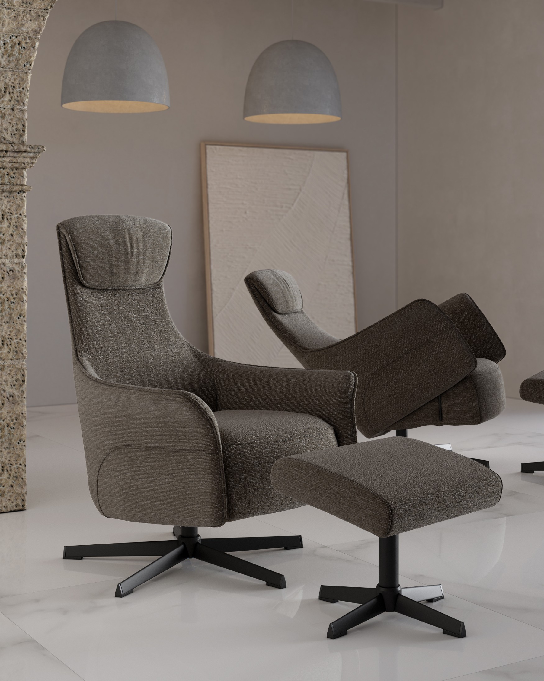 Kiara manual swivel recliner with anthracite upholstery and black metal leg. With ottoman.