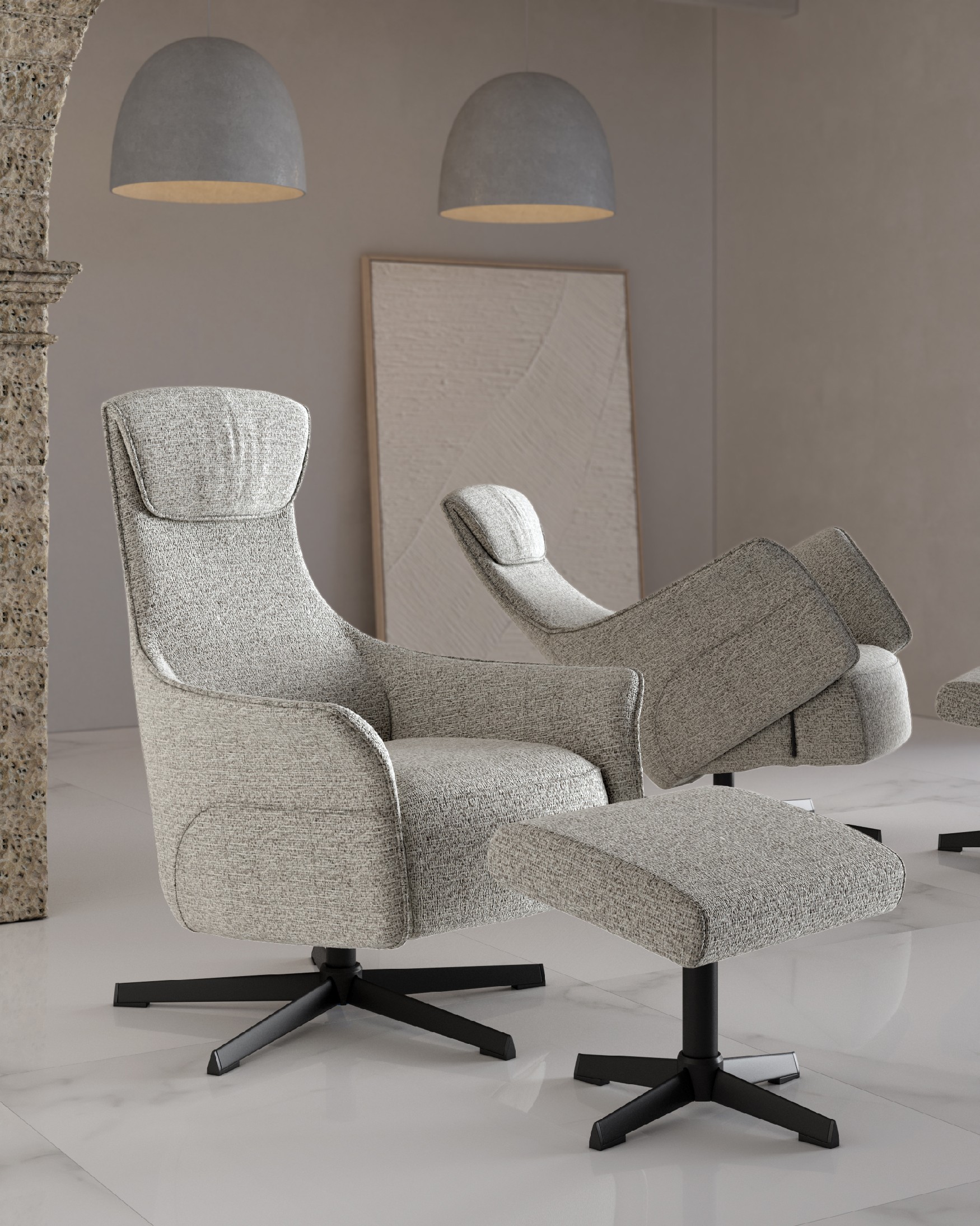Kiara manual rotating relax armchair with speckled upholstery and black metal leg. With ottoman.