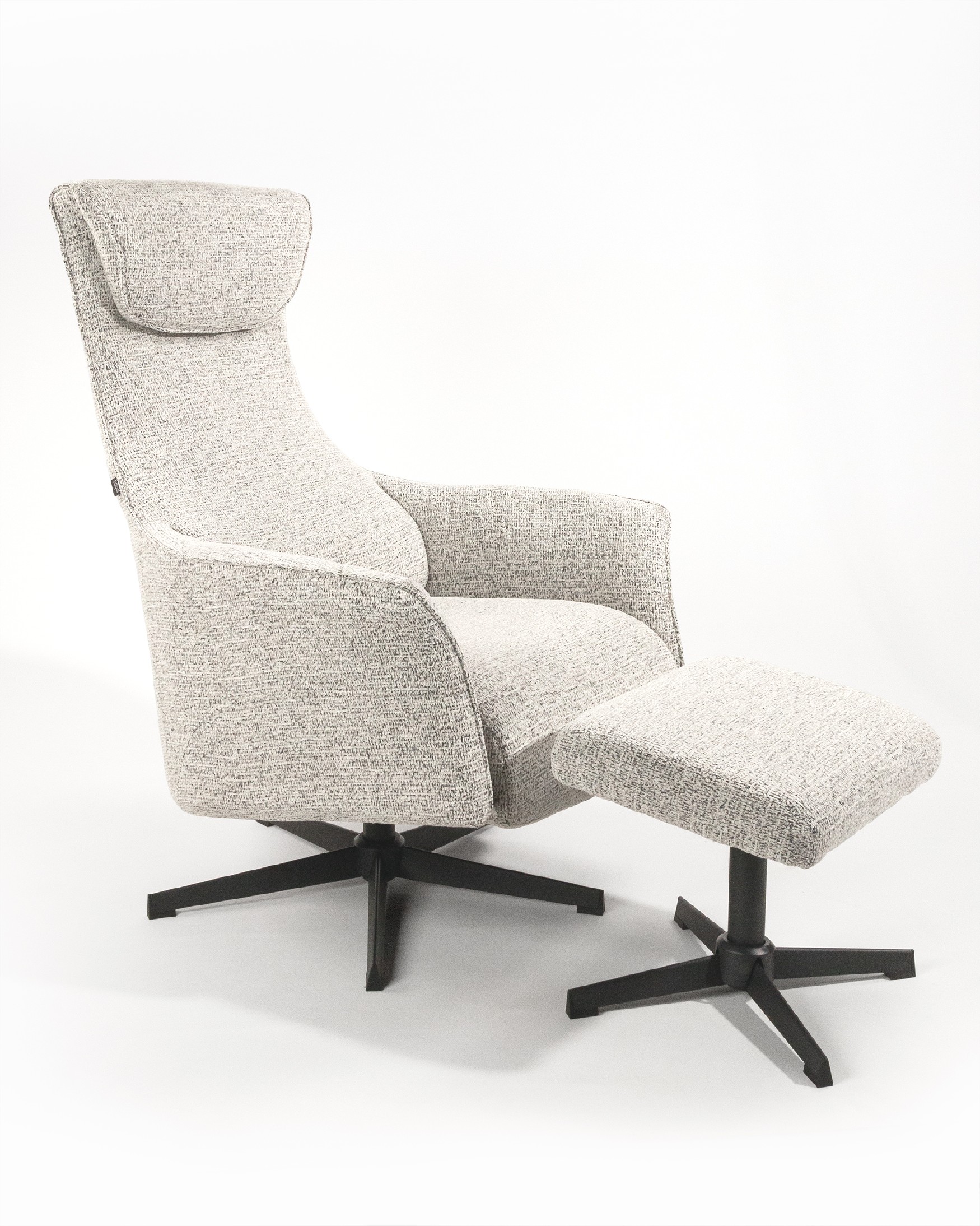Kiara manual rotating relax armchair with speckled upholstery and black metal leg. With ottoman.