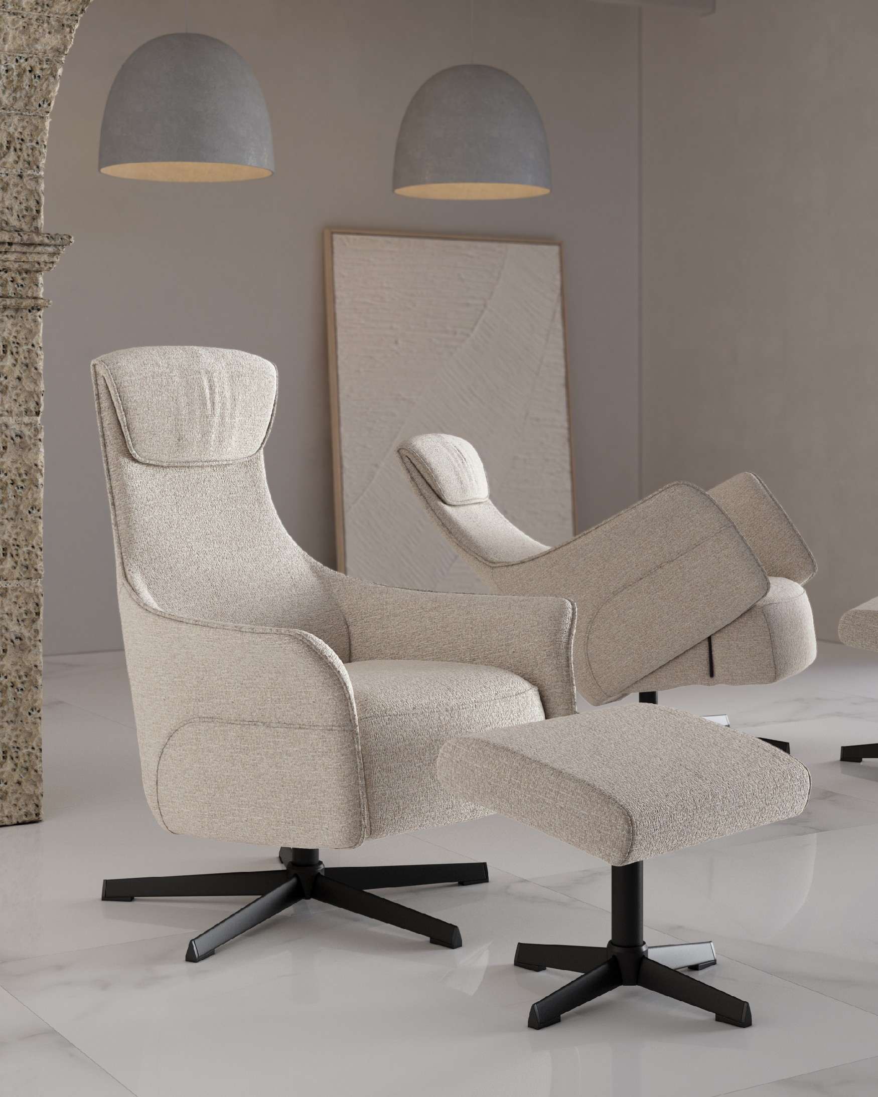 Butaca relax manual giratoria Kiara con tapizado nacar y pata de metal negra. Con ottoman.