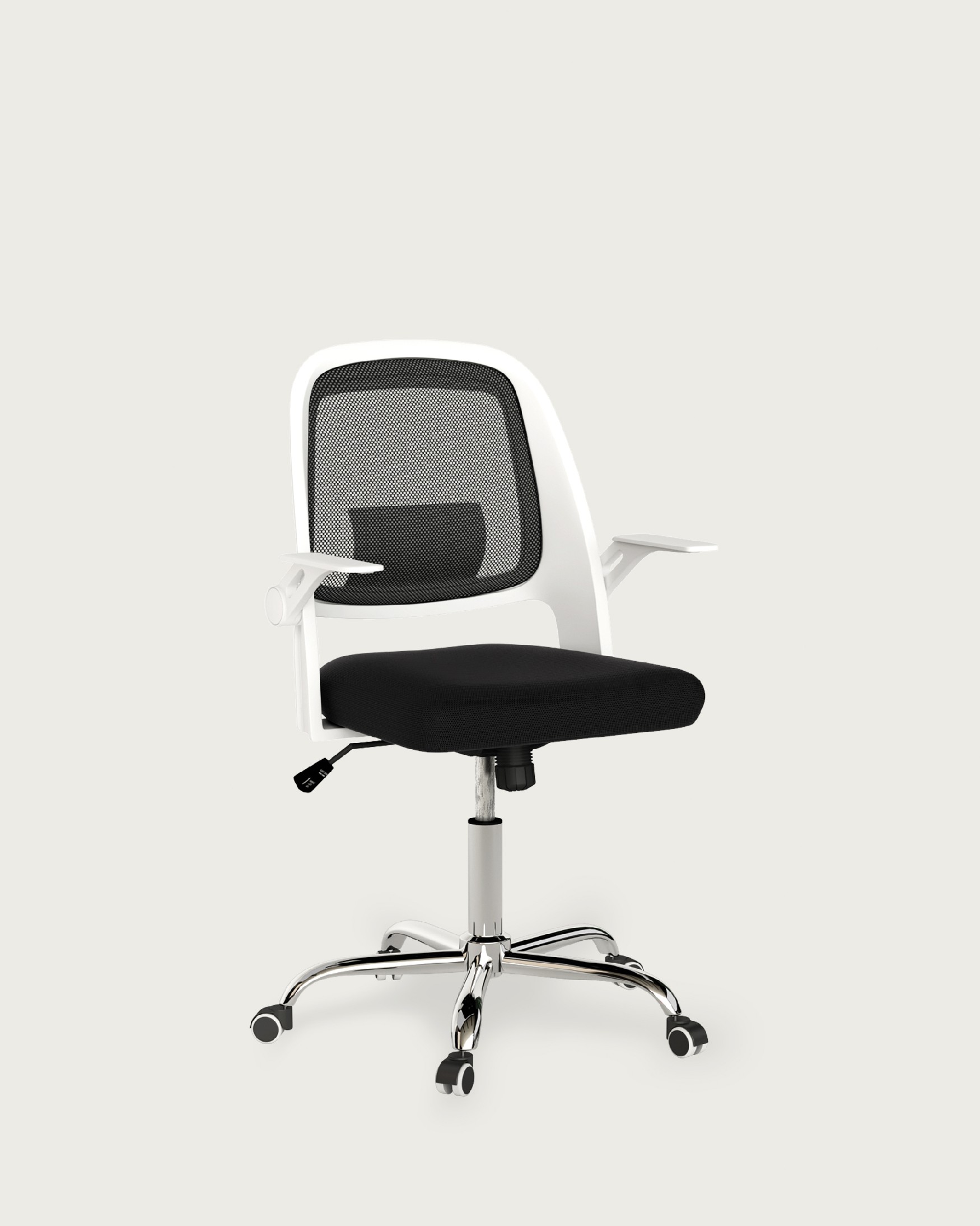 Silla de escritorio Kiev estructura de polipropileno color blanco y pata cromada, resposbrazos abatibles