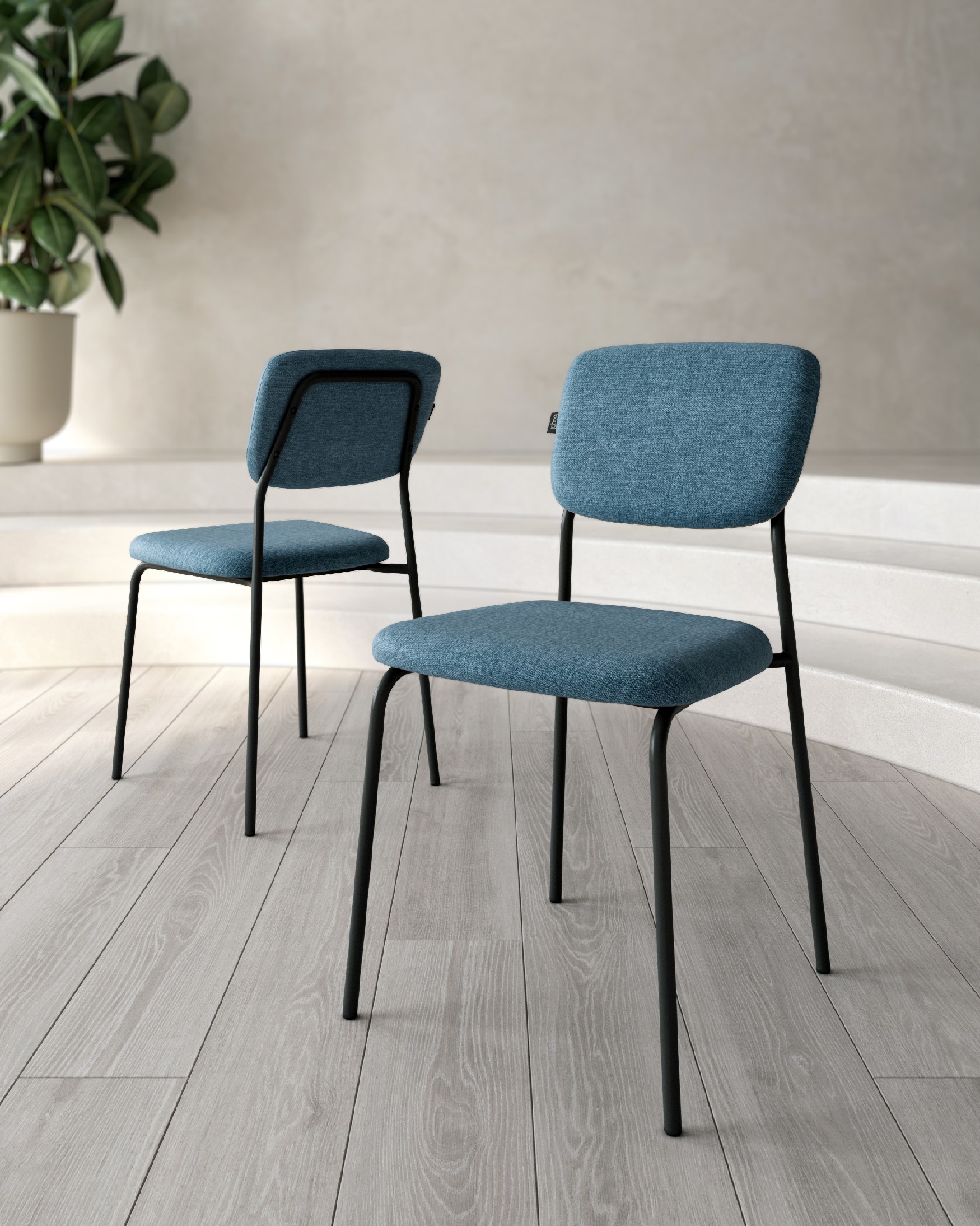 Kobe chair with blue upholstery and black metal legs
