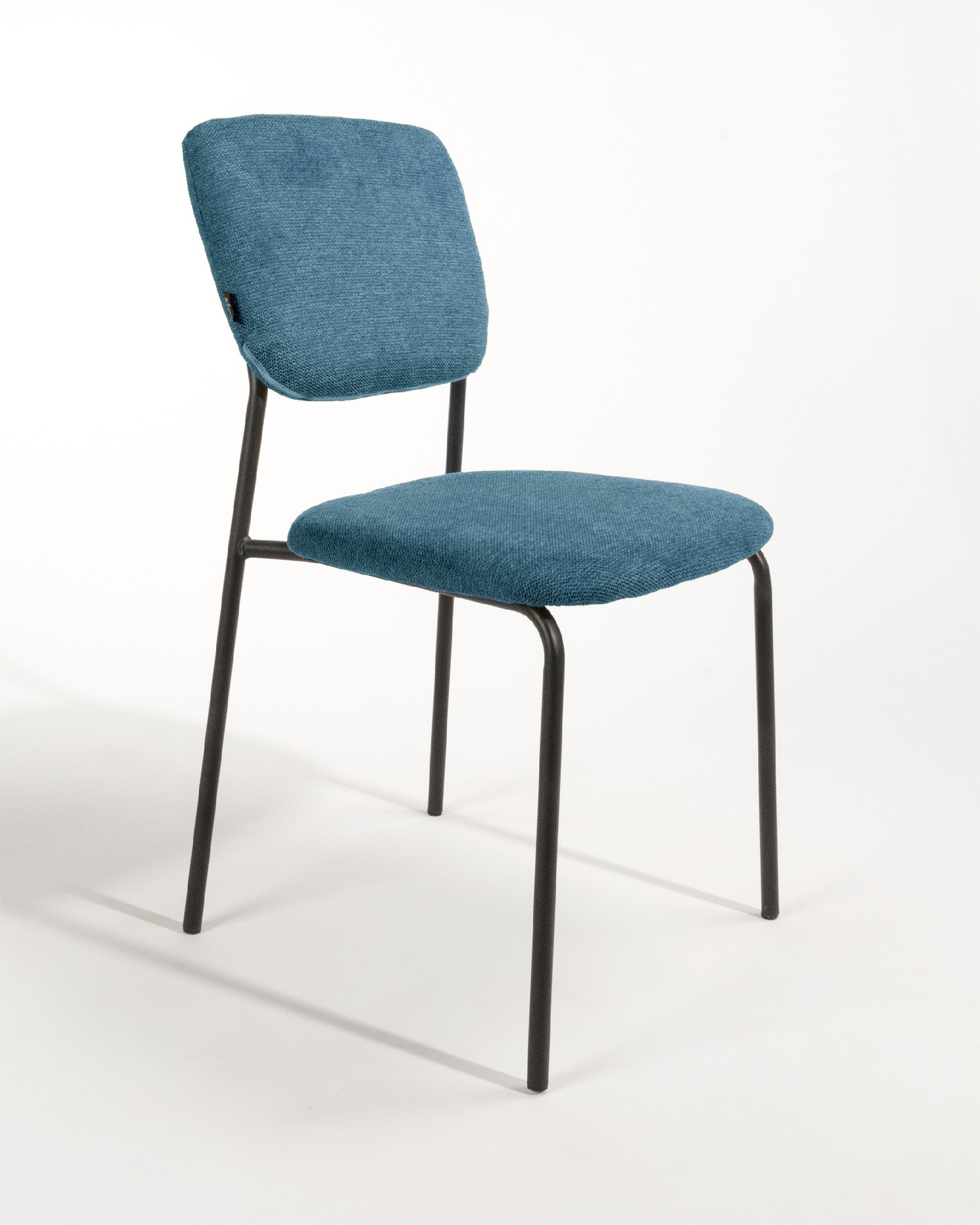 Kobe chair with blue upholstery and black metal legs