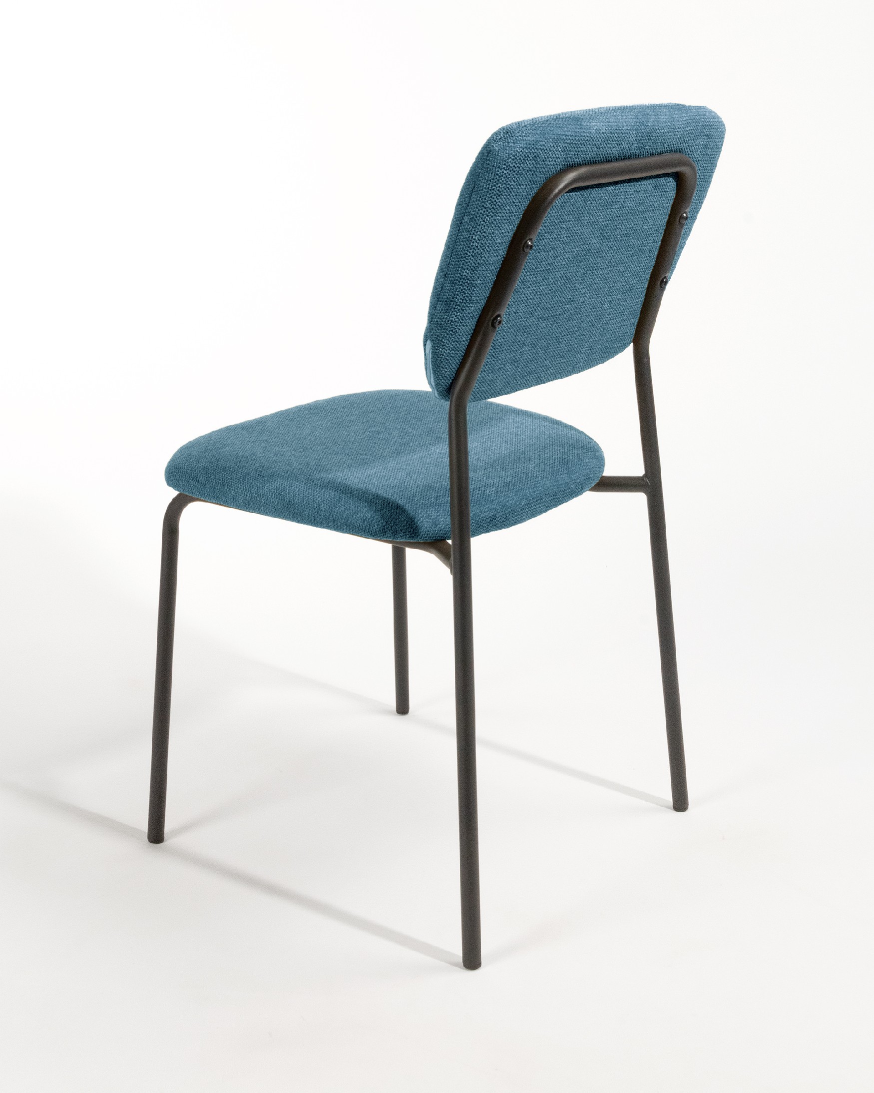 Kobe chair with blue upholstery and black metal legs