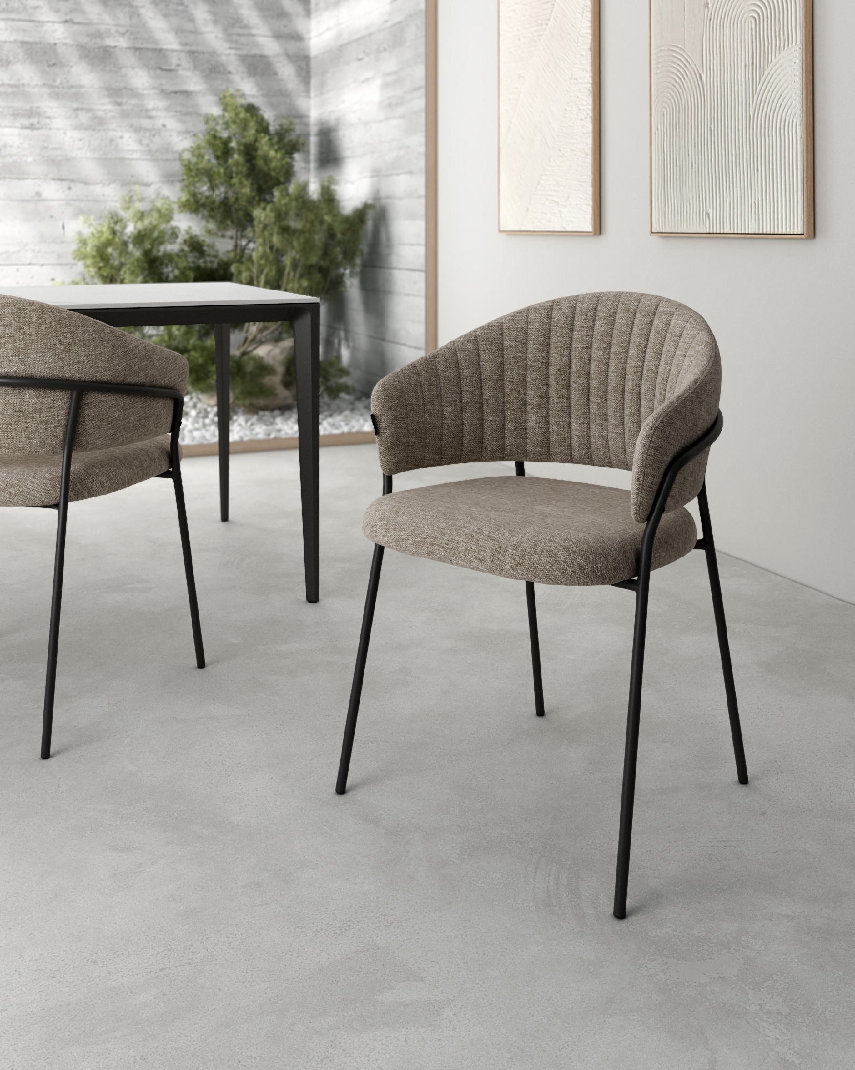 Kyoto chair with brown upholstery and black metal legs
