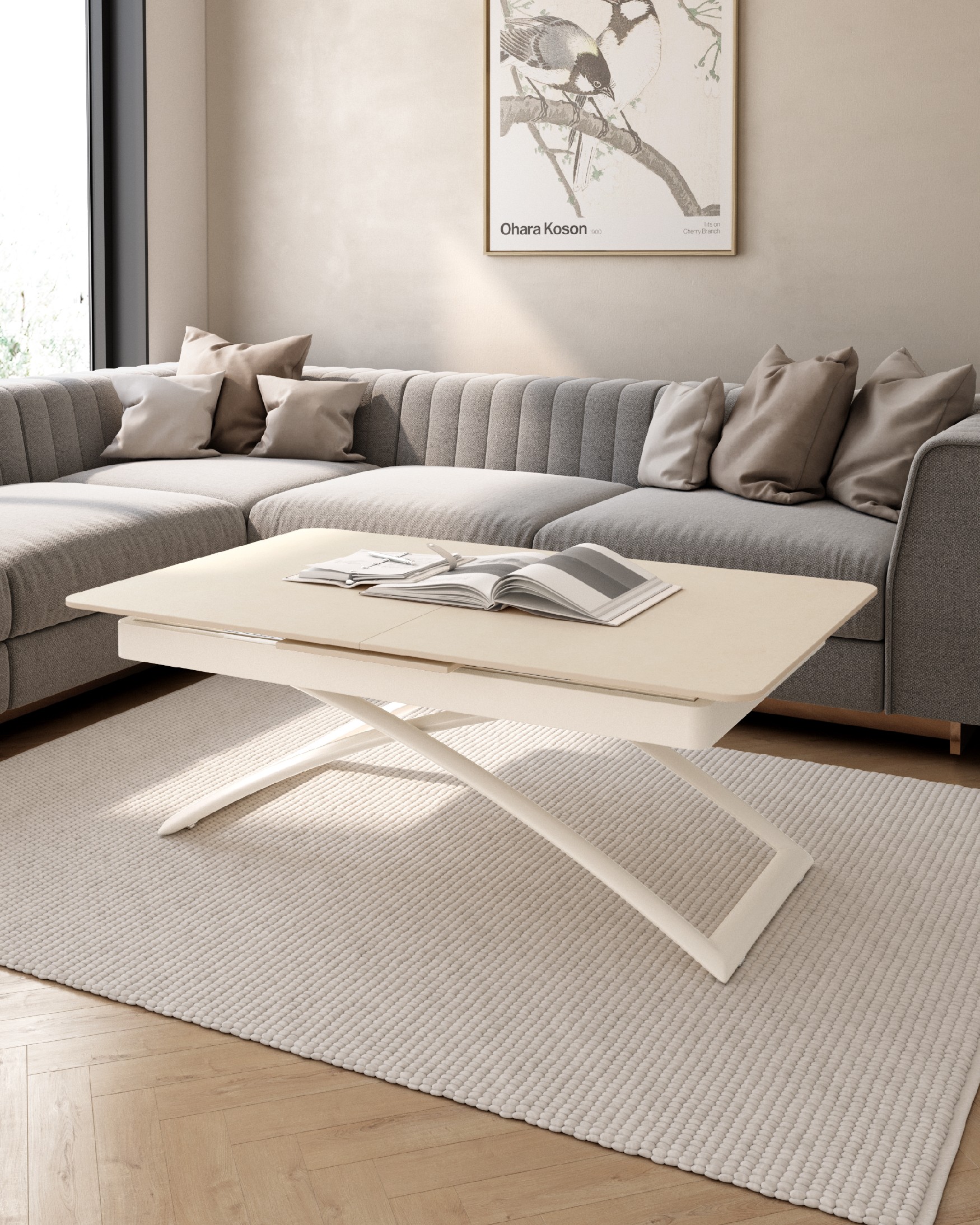 Lena extendable, convertible, and liftable table with a sand top and ivory metal structure 120(150) x 75 cm