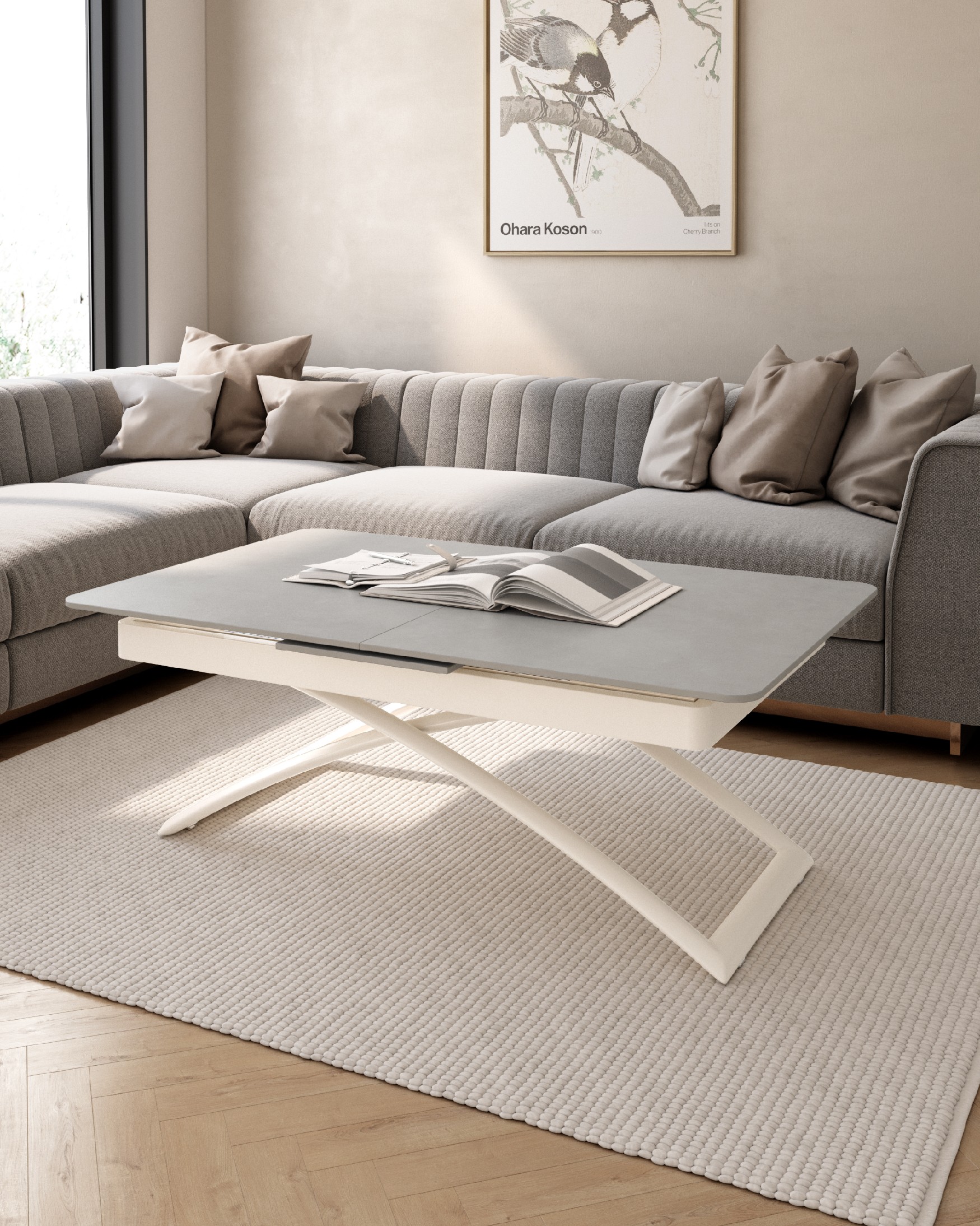 Lena extendable, convertible, and liftable table with a porcelain top and ivory metal structure 120(150) x 75 cm