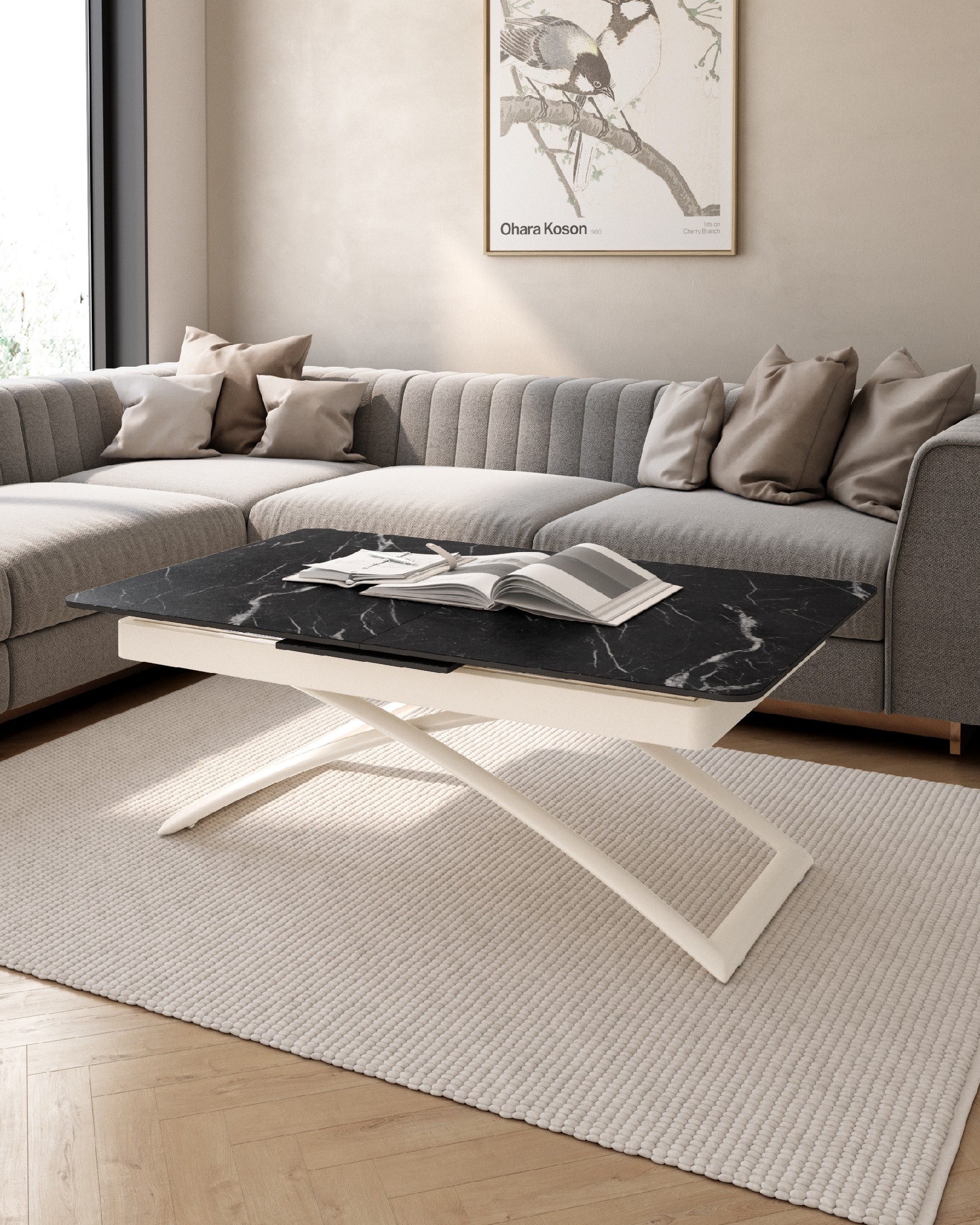 Mesa extensible convertible y elevable Lena con sobre marquina y estructura metálica marfil 120(150) x 75 cm