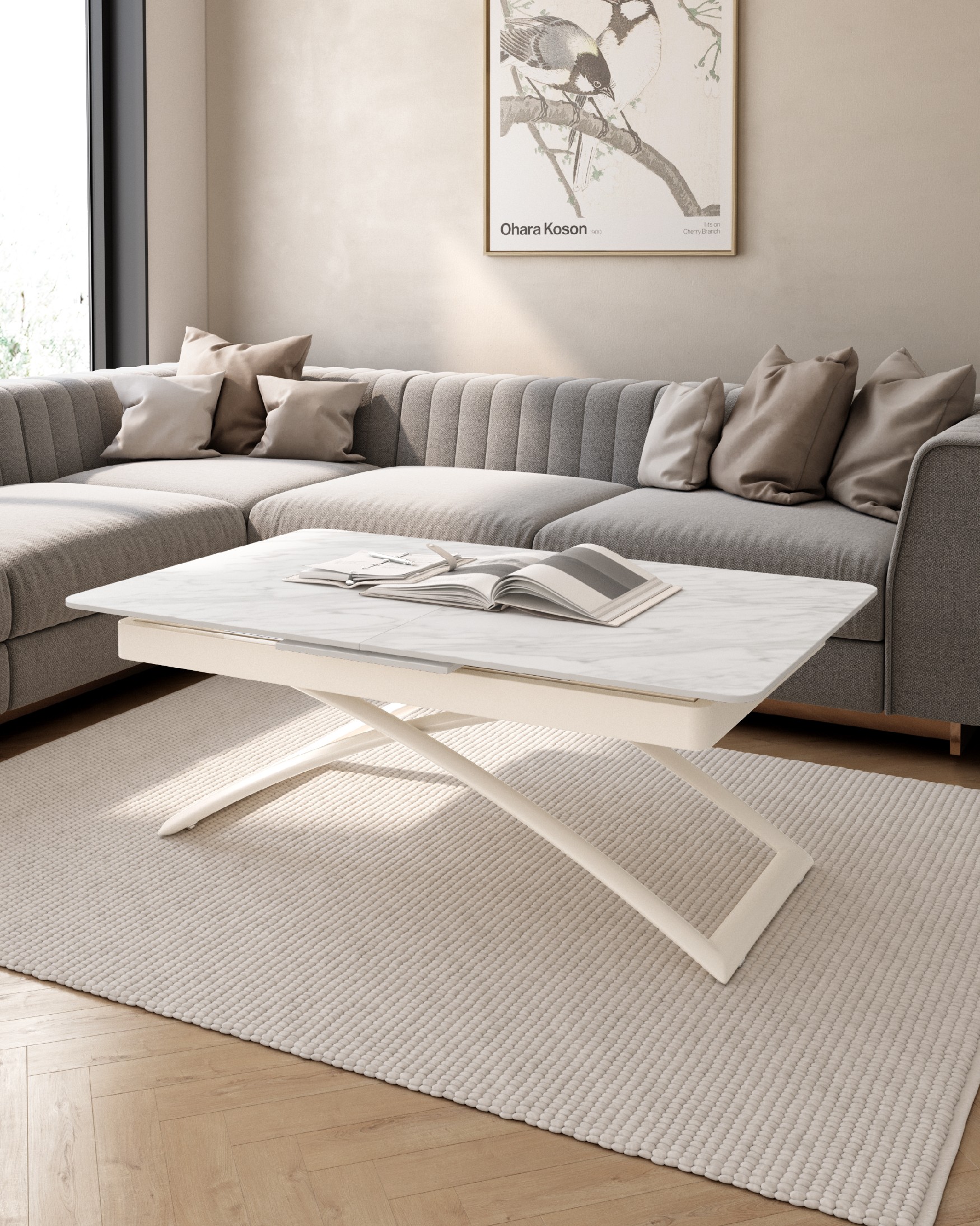 Table extensible convertible et élévable Lena avec plateau Carrara et structure métallique ivoire 120(150) x 75 cm