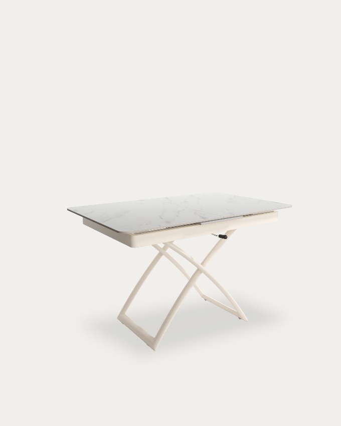 Lena extendable, convertible, and liftable table with Carrara top and ivory metal structure 120(150) x 75 cm