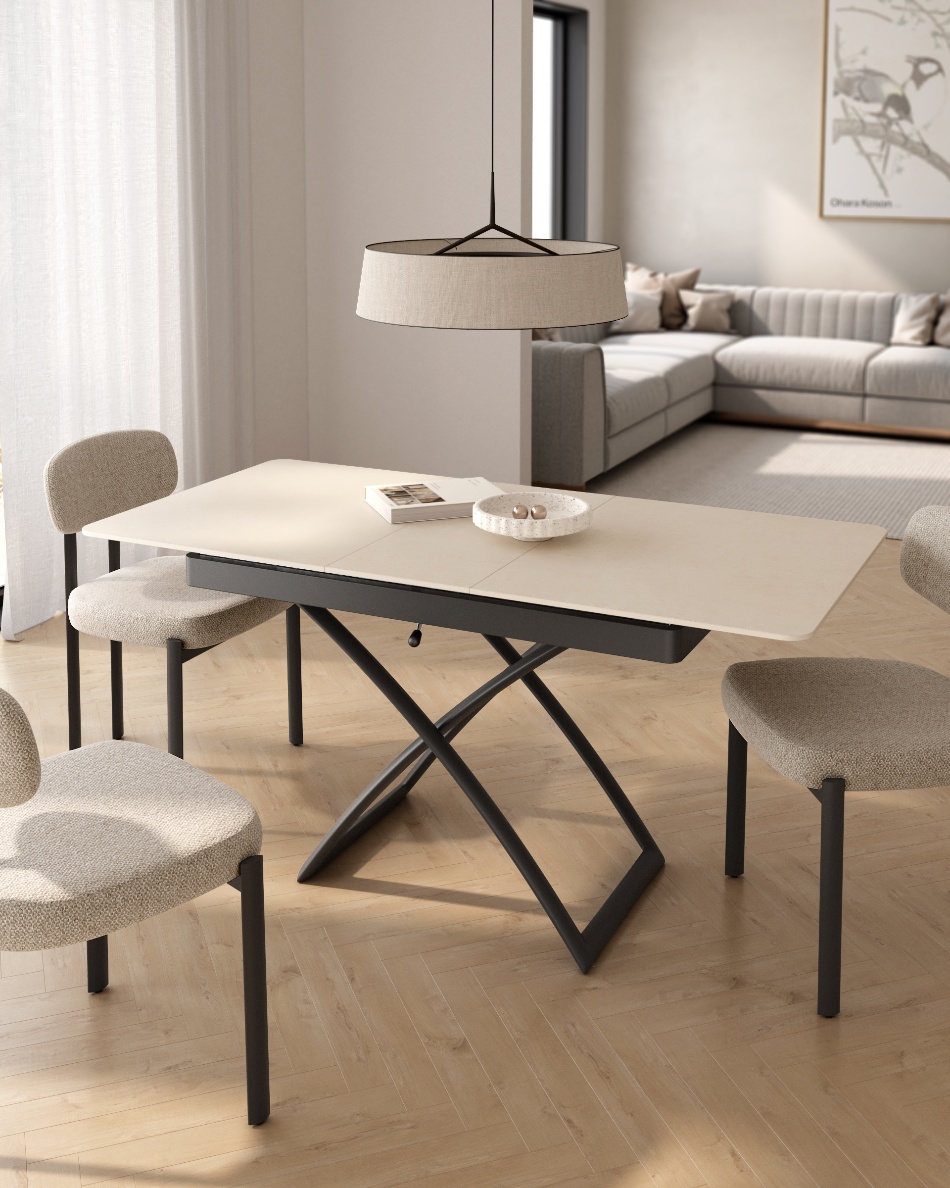 Table extensible convertible et elevable Lena avec plateau sable et ...