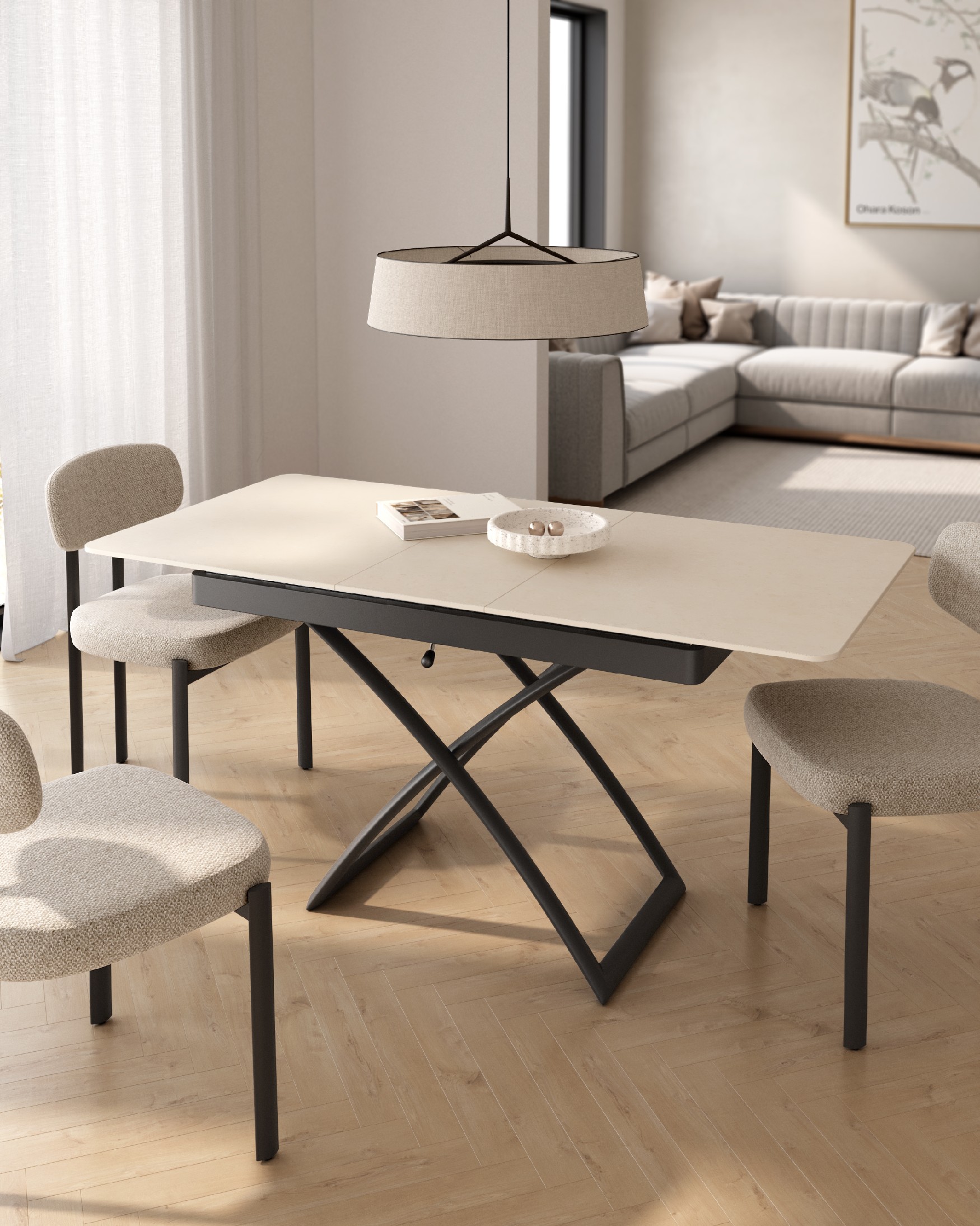 Table extensible convertible et elevable Lena avec plateau sable et structure métallique noire 120(150) x 75 cm