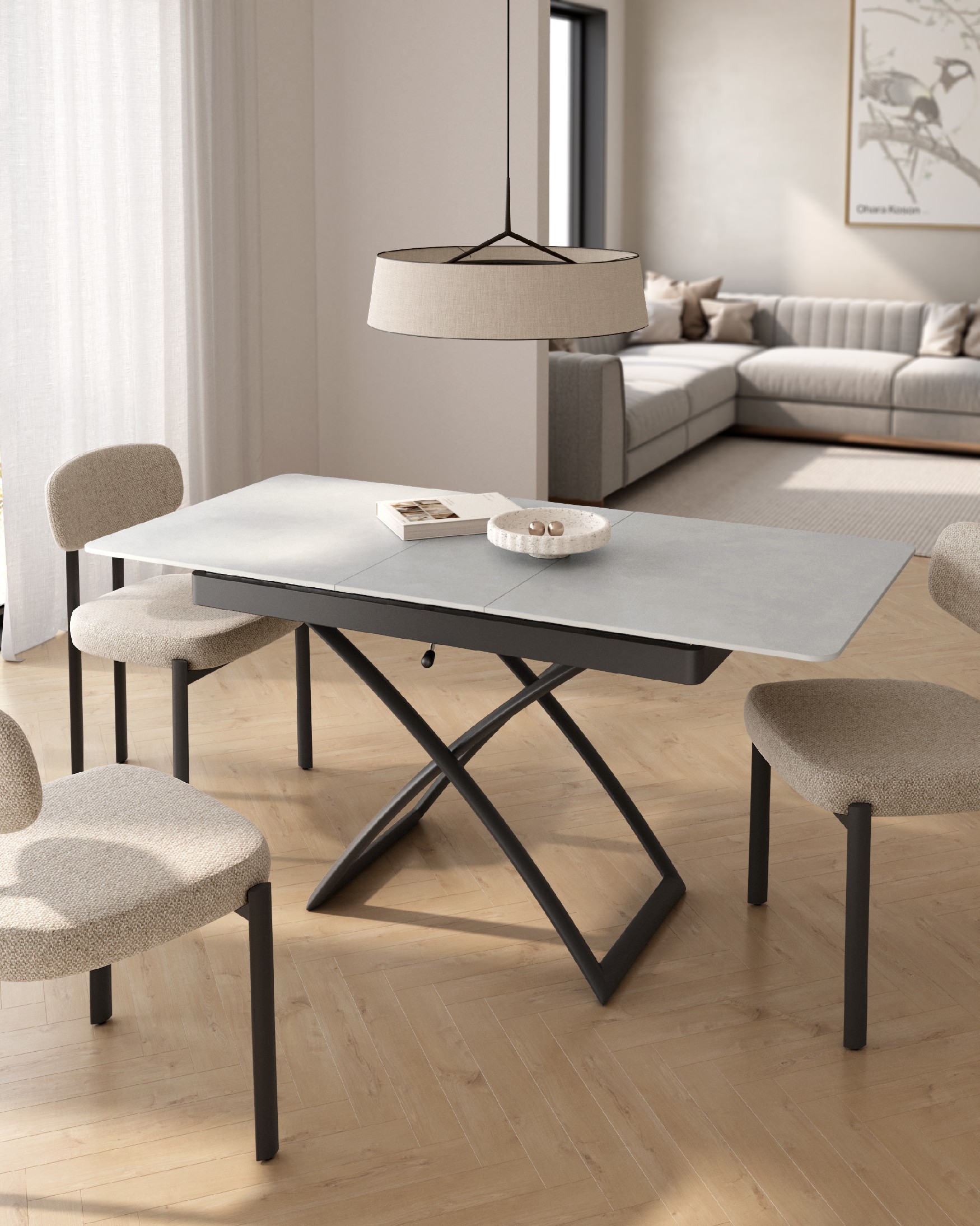 Lena extendable, convertible, and liftable table with a porcelain top and black metal structure 120(150) x 75 cm