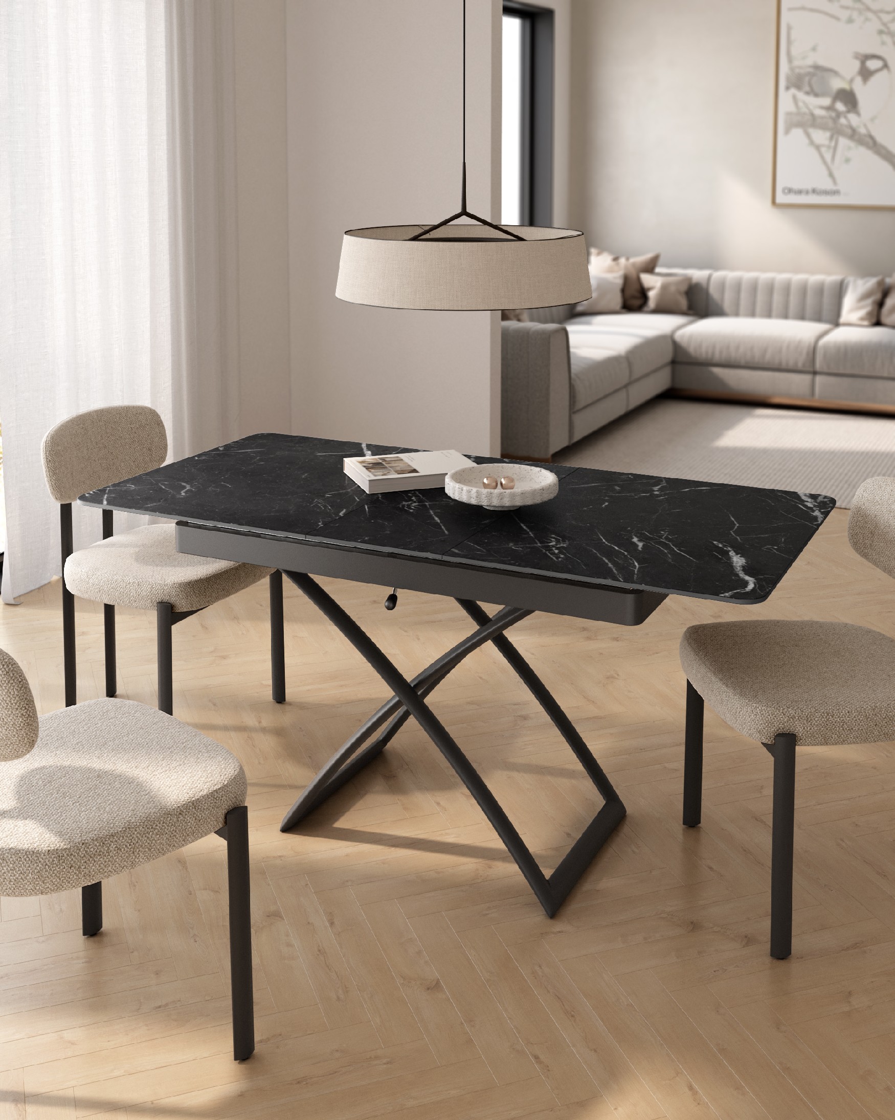 Lena extendable, convertible, and liftable table with marble top and black metal frame 120(150) x 75 cm