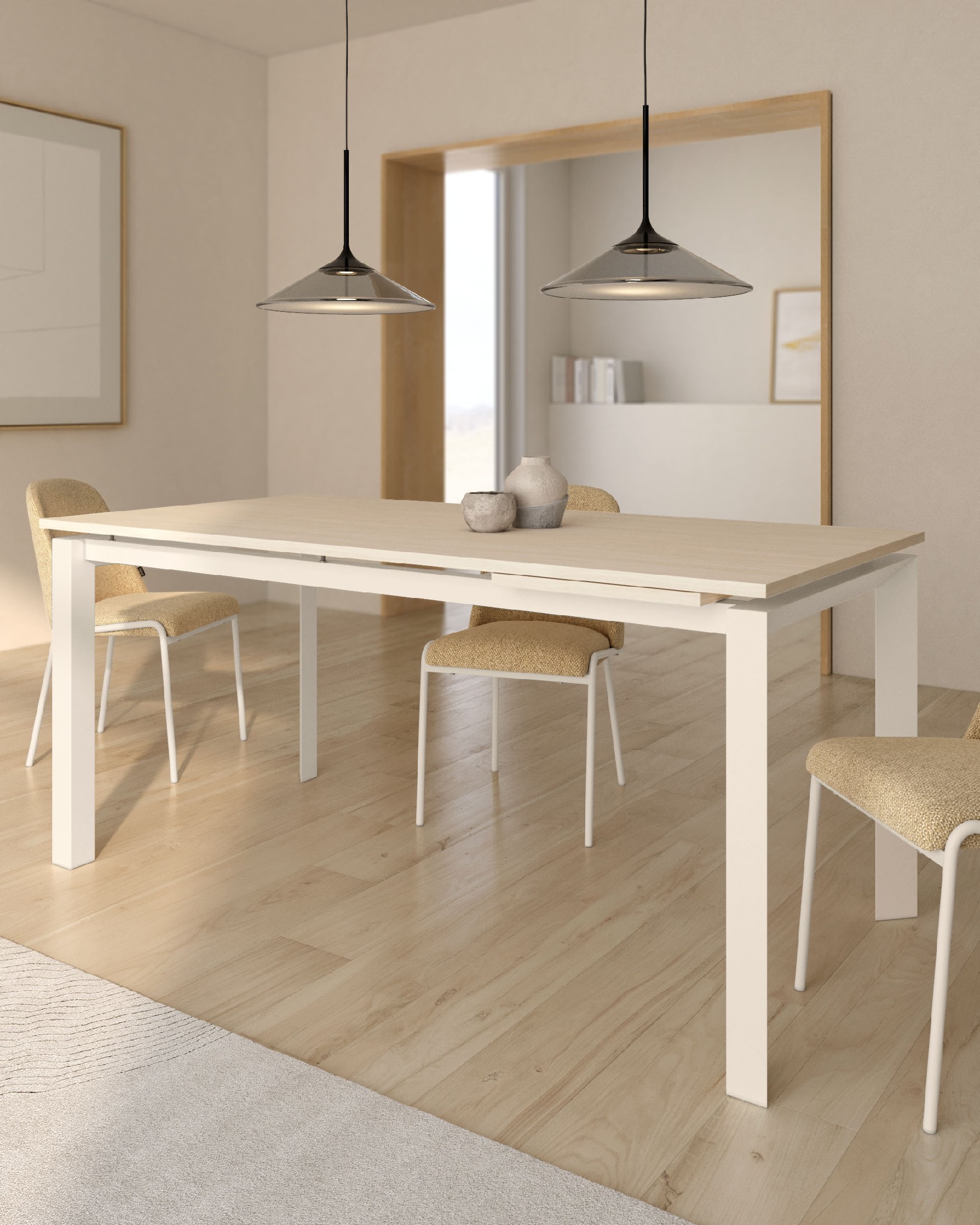 Mesa Liguria extensible con acabado de melamina alpin y estructura metálica marfil 140-190 x 90 cm