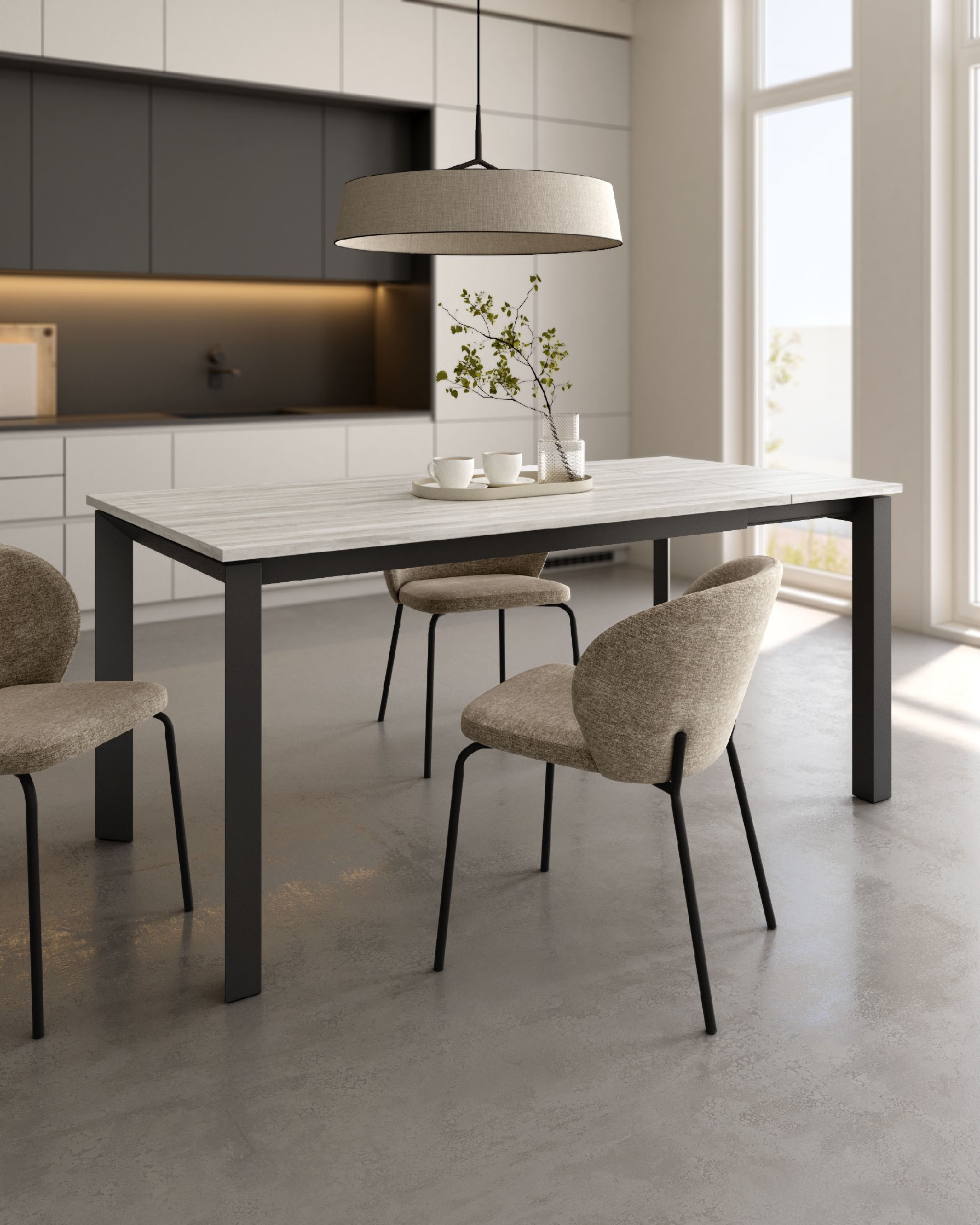 Mesa Liguria extensible con acabado de melamina artic y estructura metálica negra 140-190 x 90 cm