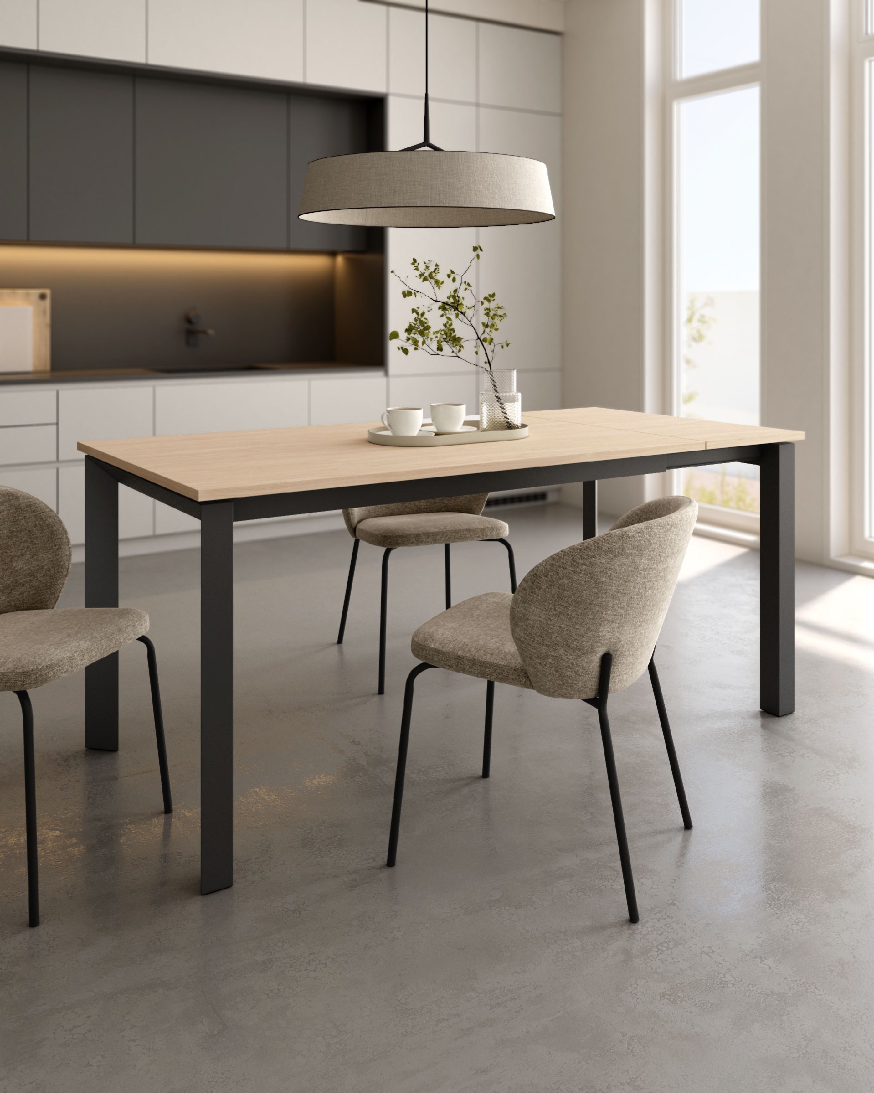 Mesa Liguria extensible con acabado de melamina alpin y estructura metálica negra 140-190 x 90 cm