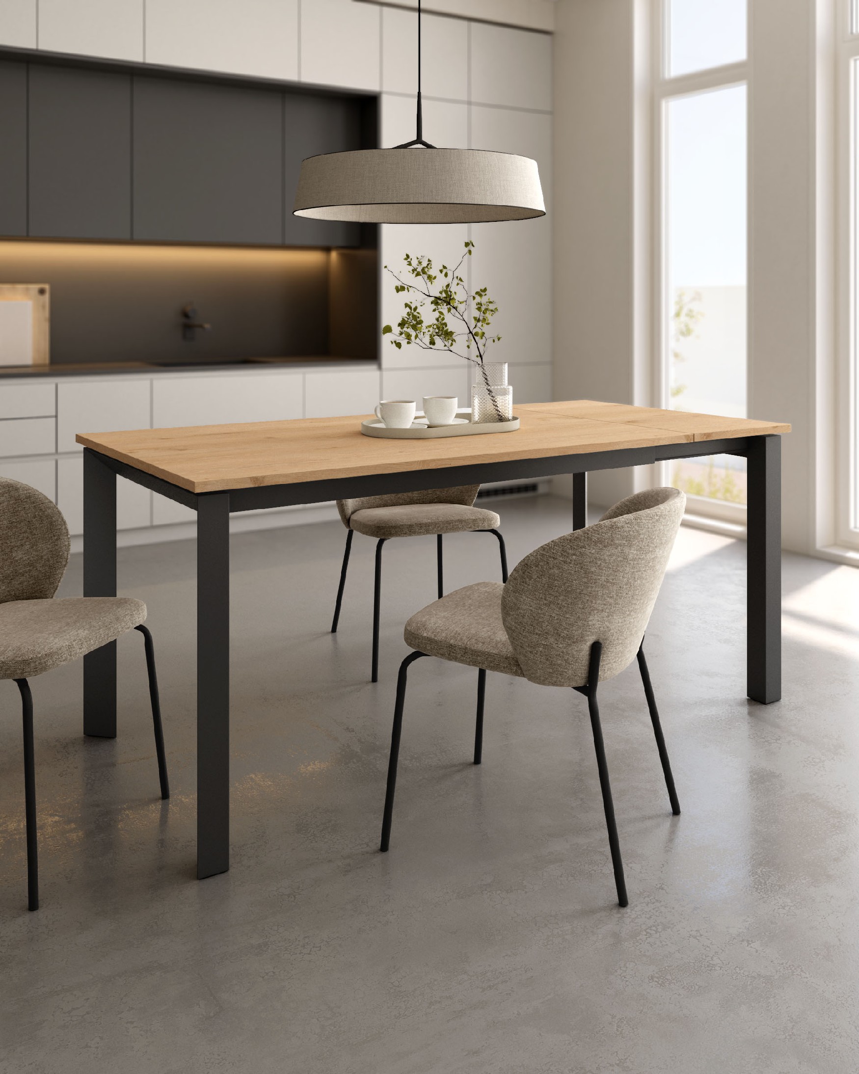 Liguria table extensible with melamine finish collet oak and black metal structure 140-190 x 90 cm