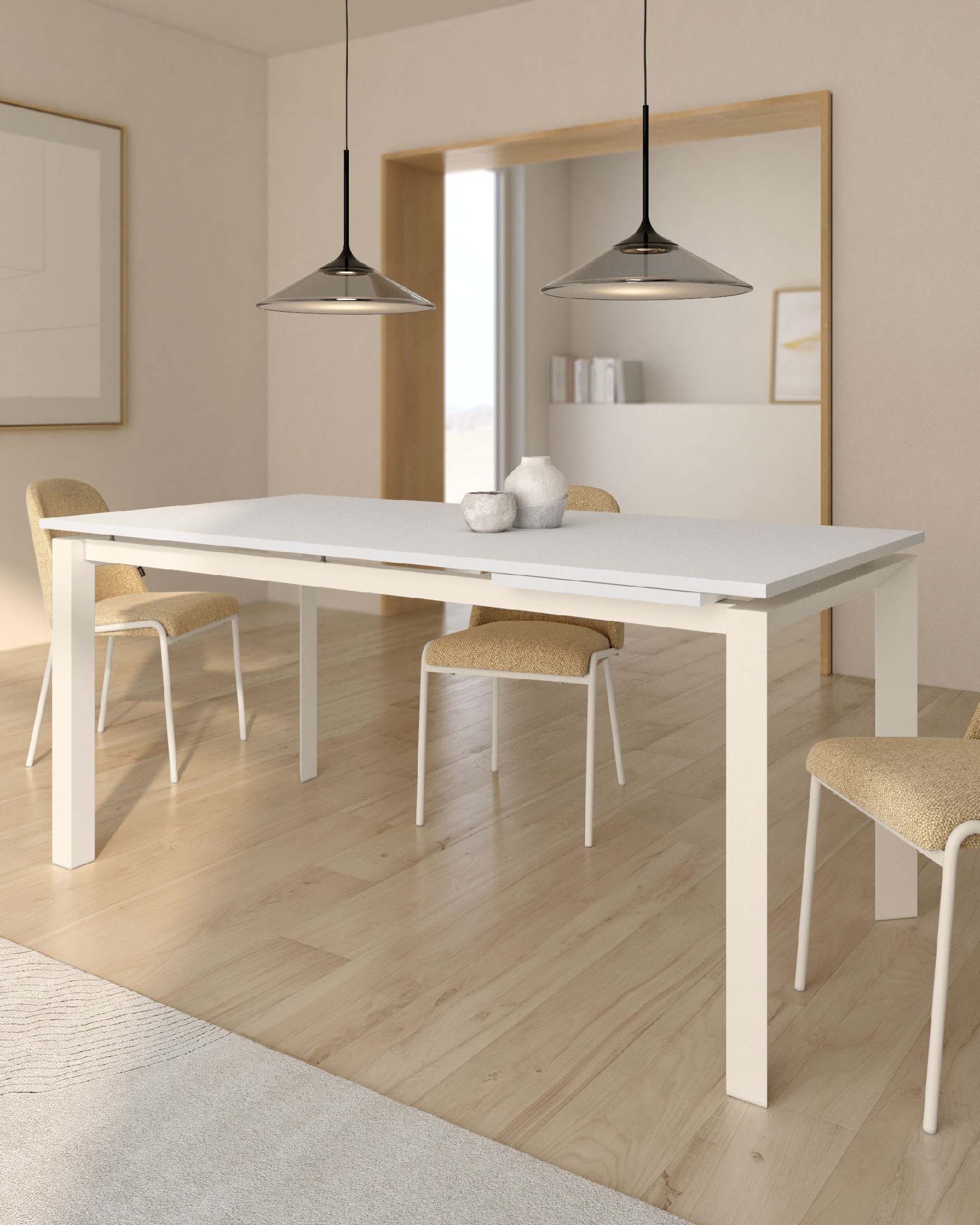 Mesa Liguria extensible con acabado de melamina blanco extra y estructura metálica marfil 160-210 x 90 cm
