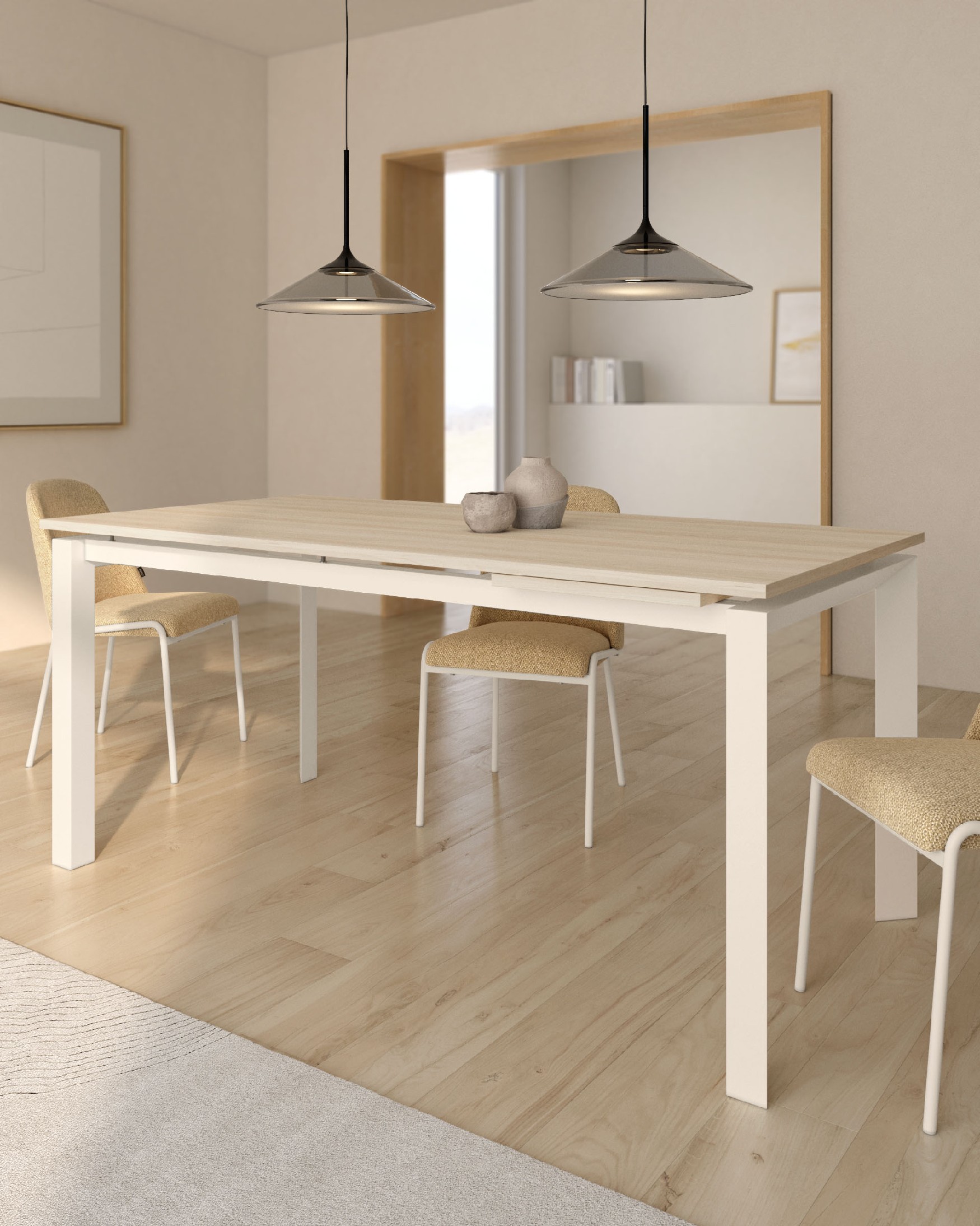 Mesa Liguria extensible con acabado de melamina olmo y estructura metálica marfil 160-210 x 90 cm