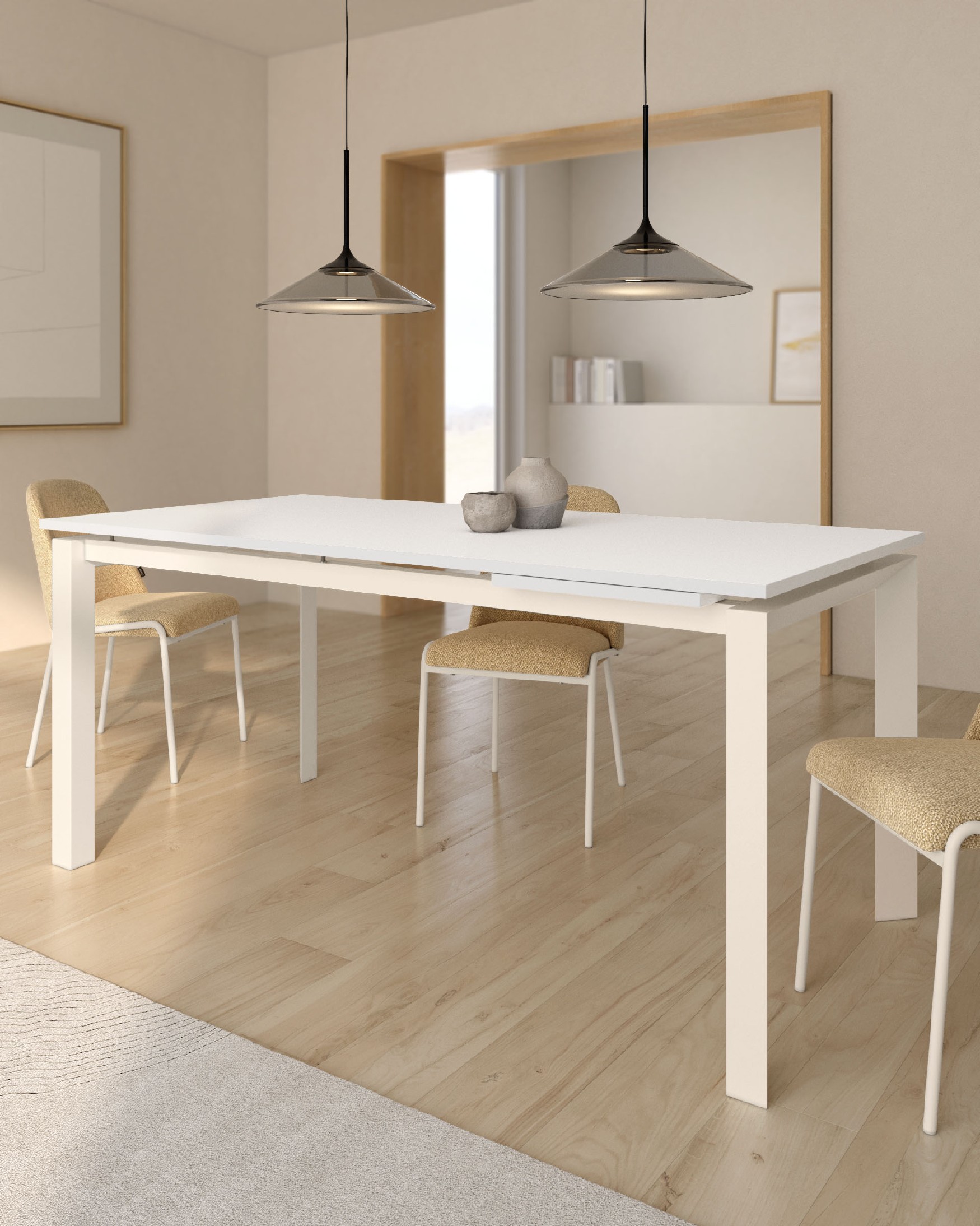 Mesa Liguria extensible con acabado de melamina soul blanco y estructura metálica marfil 160-210 x 90 cm