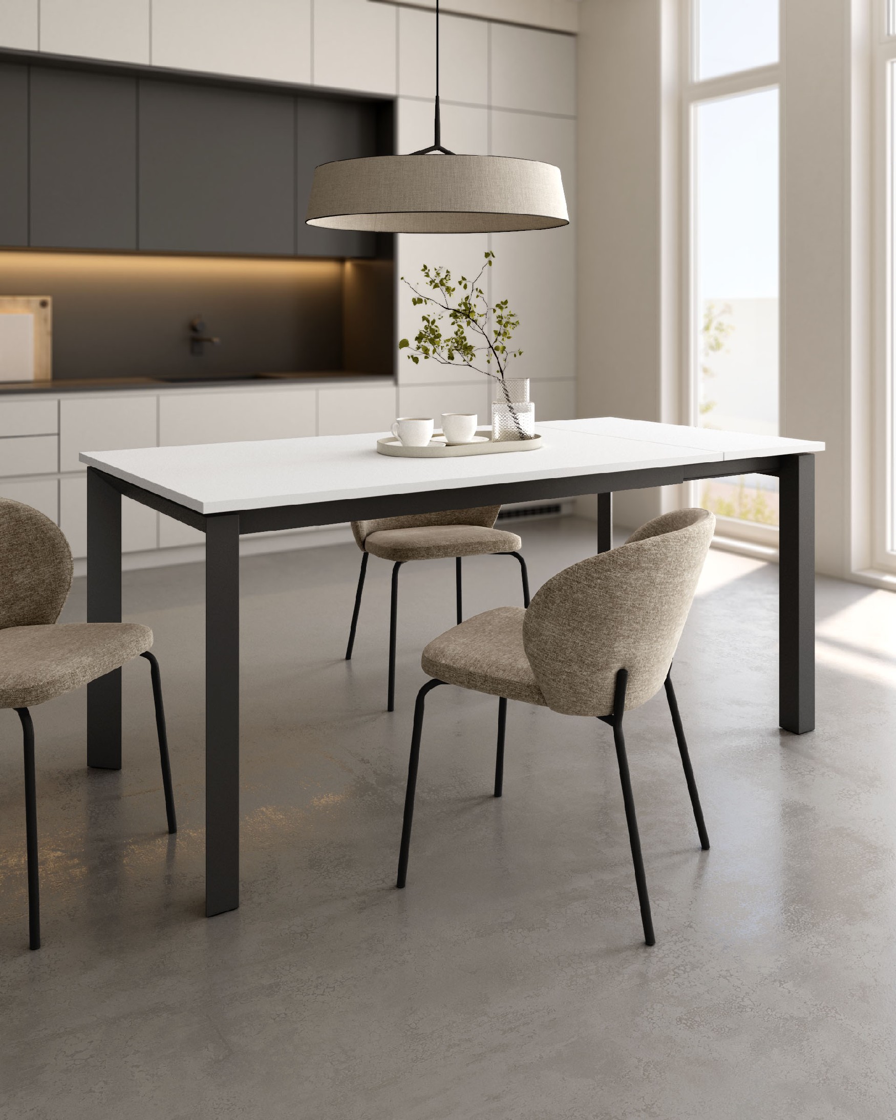 Table Liguria extensible avec finition en mélamine blanc extra et structure métallique noire 160-210 x 90 cm