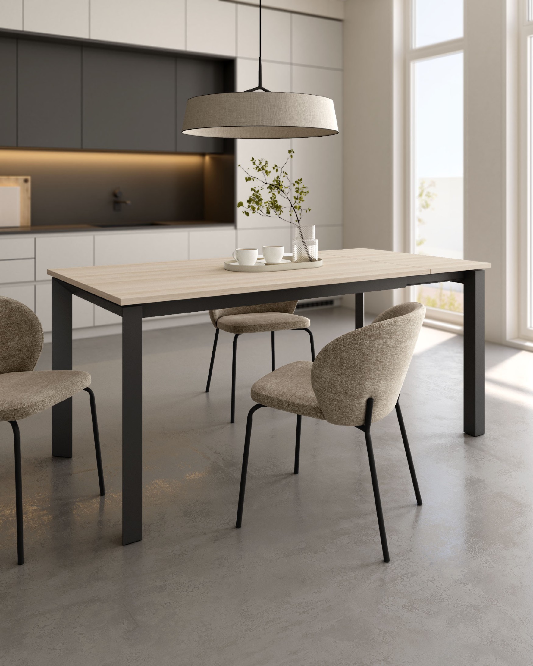 Table Liguria extensible avec finition en mélamine orme et structure métallique noire 160-210 x 90 cm
