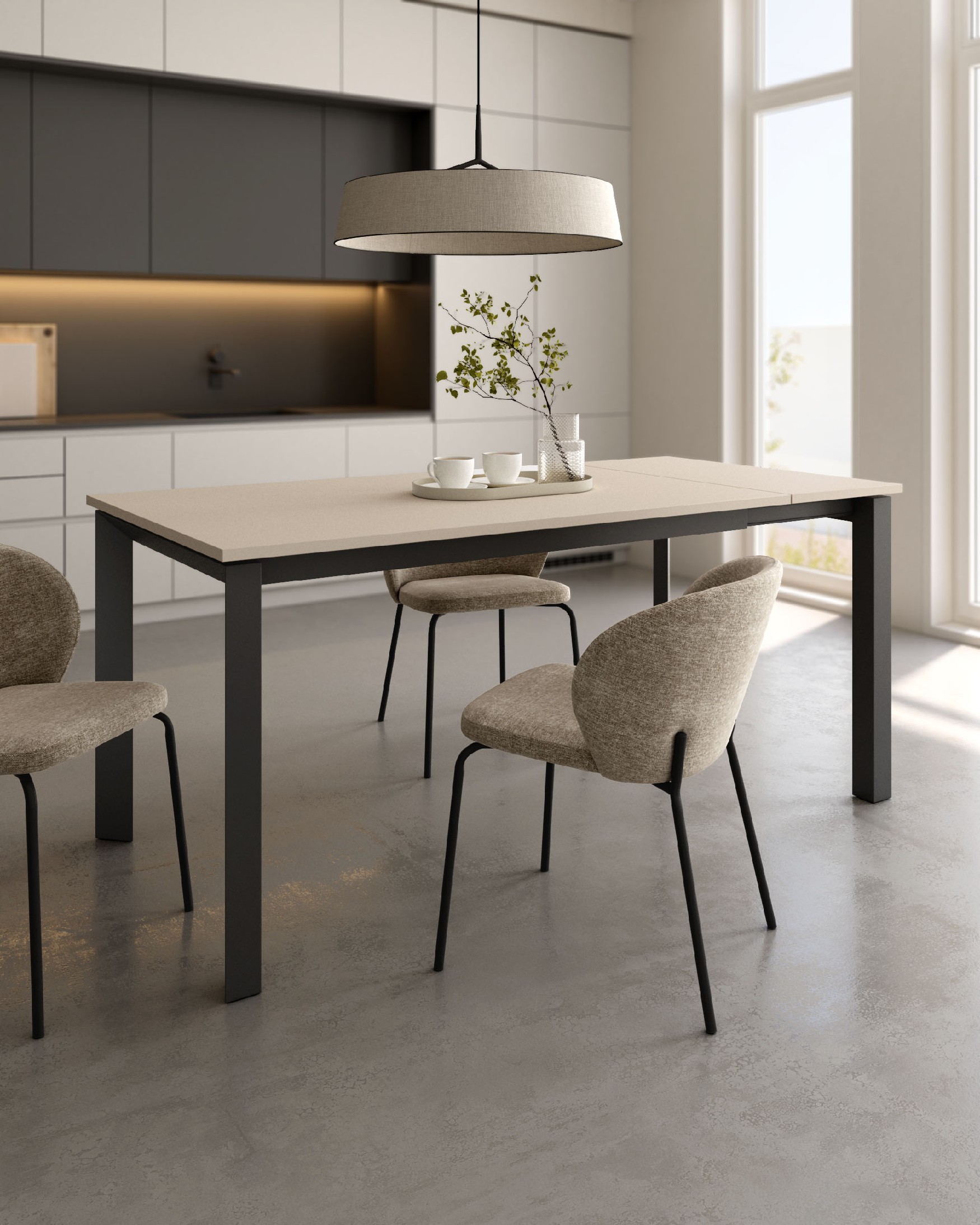 Liguria table extensible with pearl melamine finish and black metal structure 180-230 x 90 cm