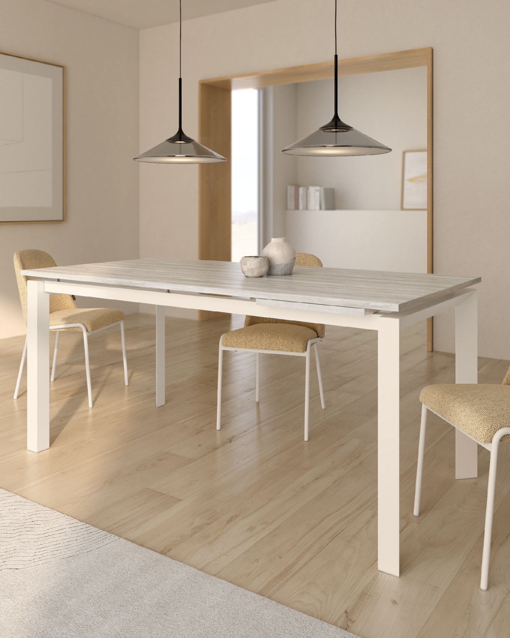 Liguria table extensible with artic melamine finish and ivory metal structure 120-170 x 80 cm