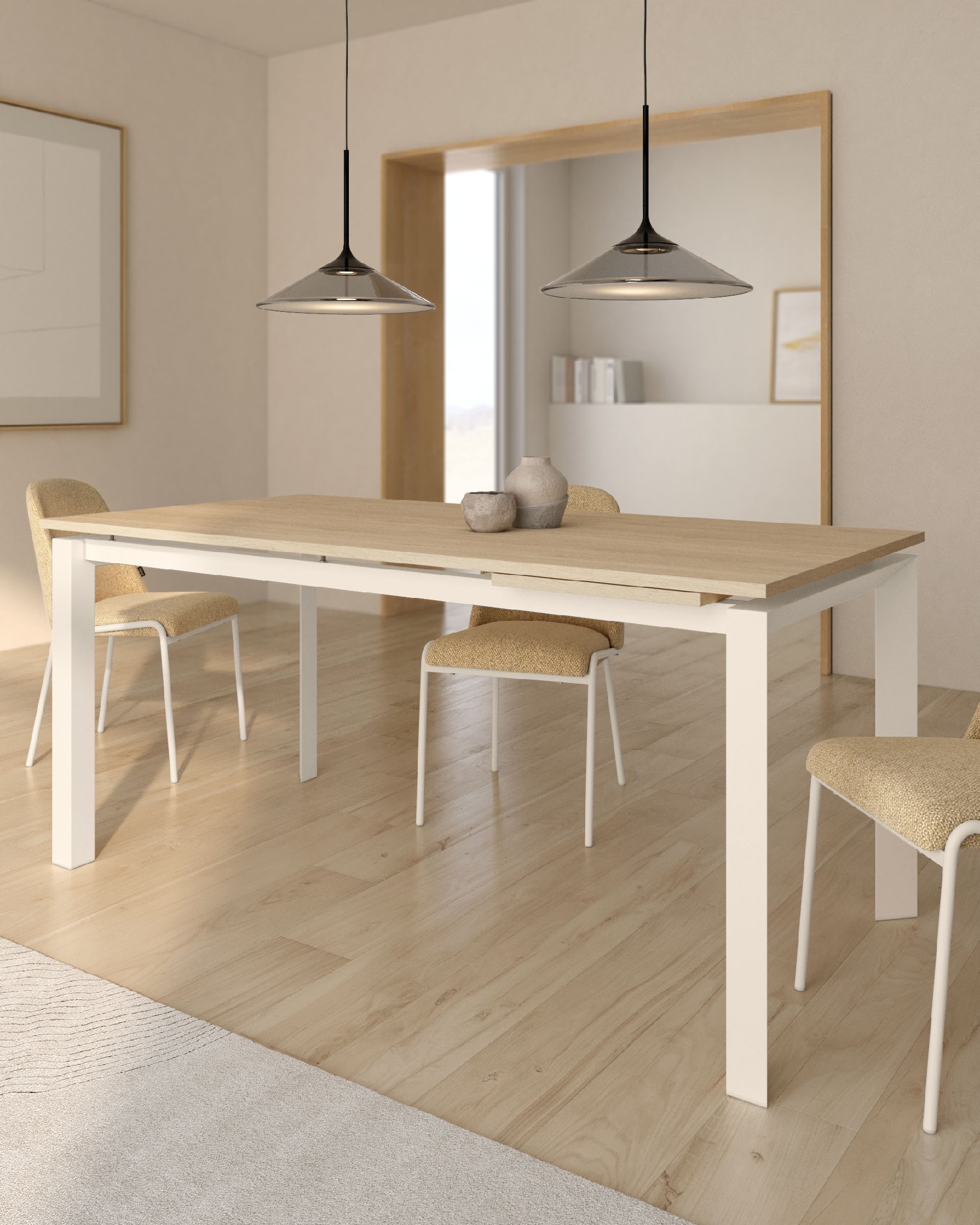 Mesa Liguria extensible con acabado de melamina roble natural y estructura metálica marfil 120-170 x 80 cm