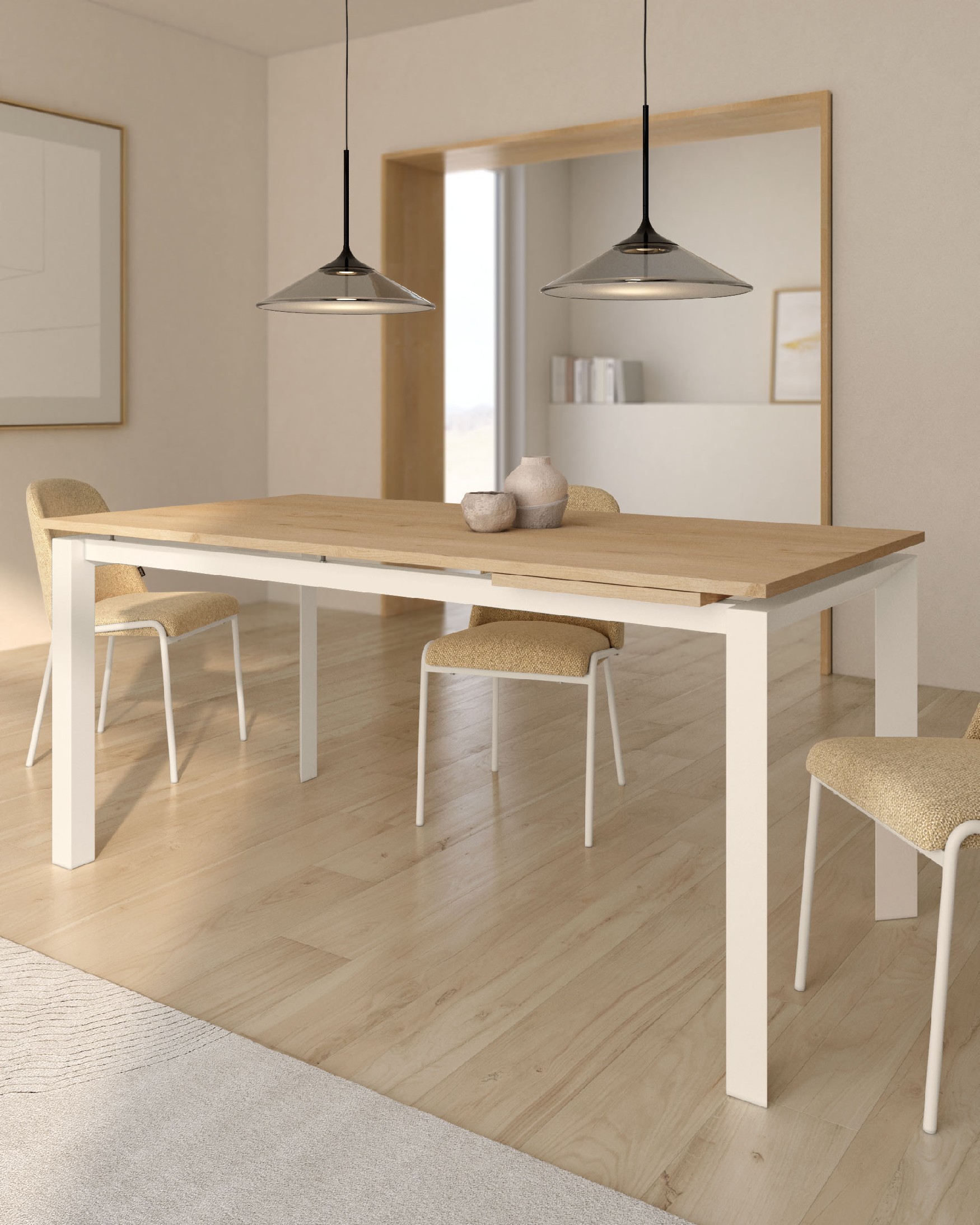 Liguria table extensible with collet oak melamine finish and ivory metal structure 120-170 x 80 cm