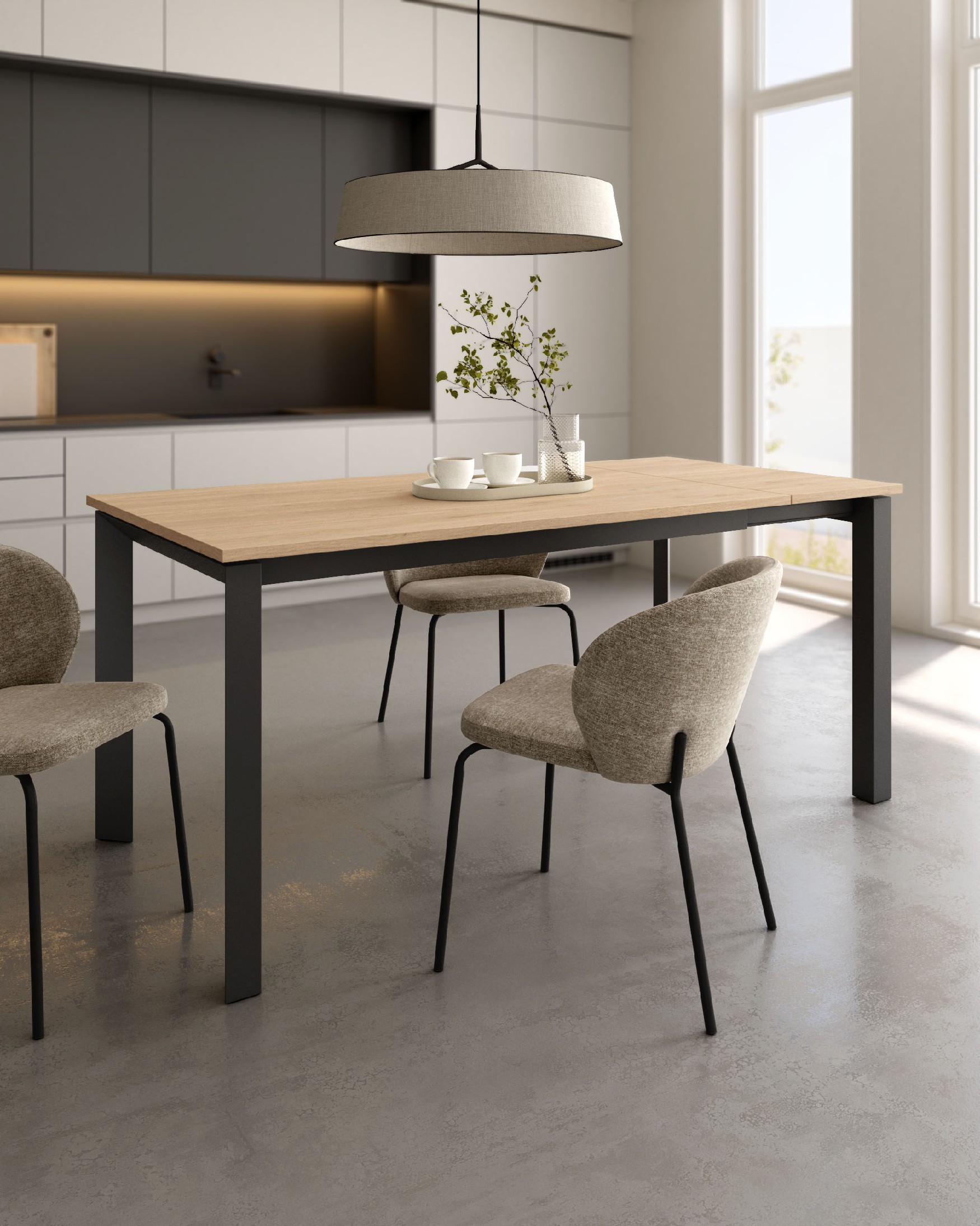 Mesa Liguria extensible con acabado de melamina roble natural y estructura metálica negra 120-170 x 80 cm
