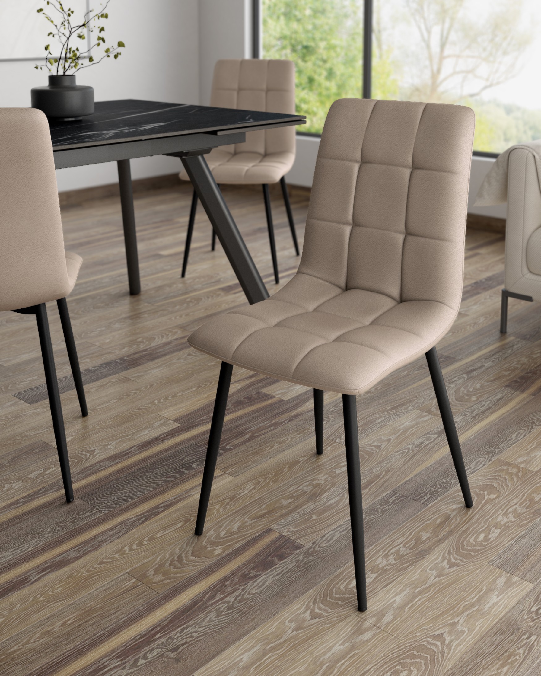 Lisbon chair with beige upholstery and black metal legs