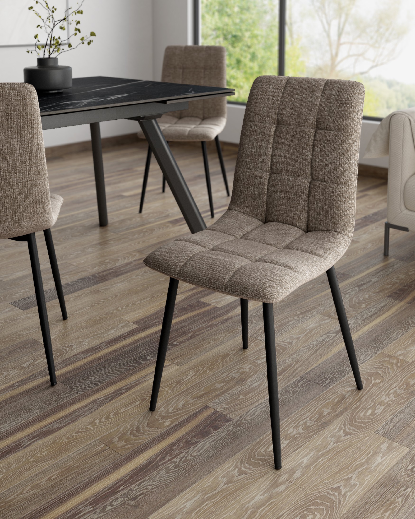 Lisbon chair with brown upholstery and black metal legs