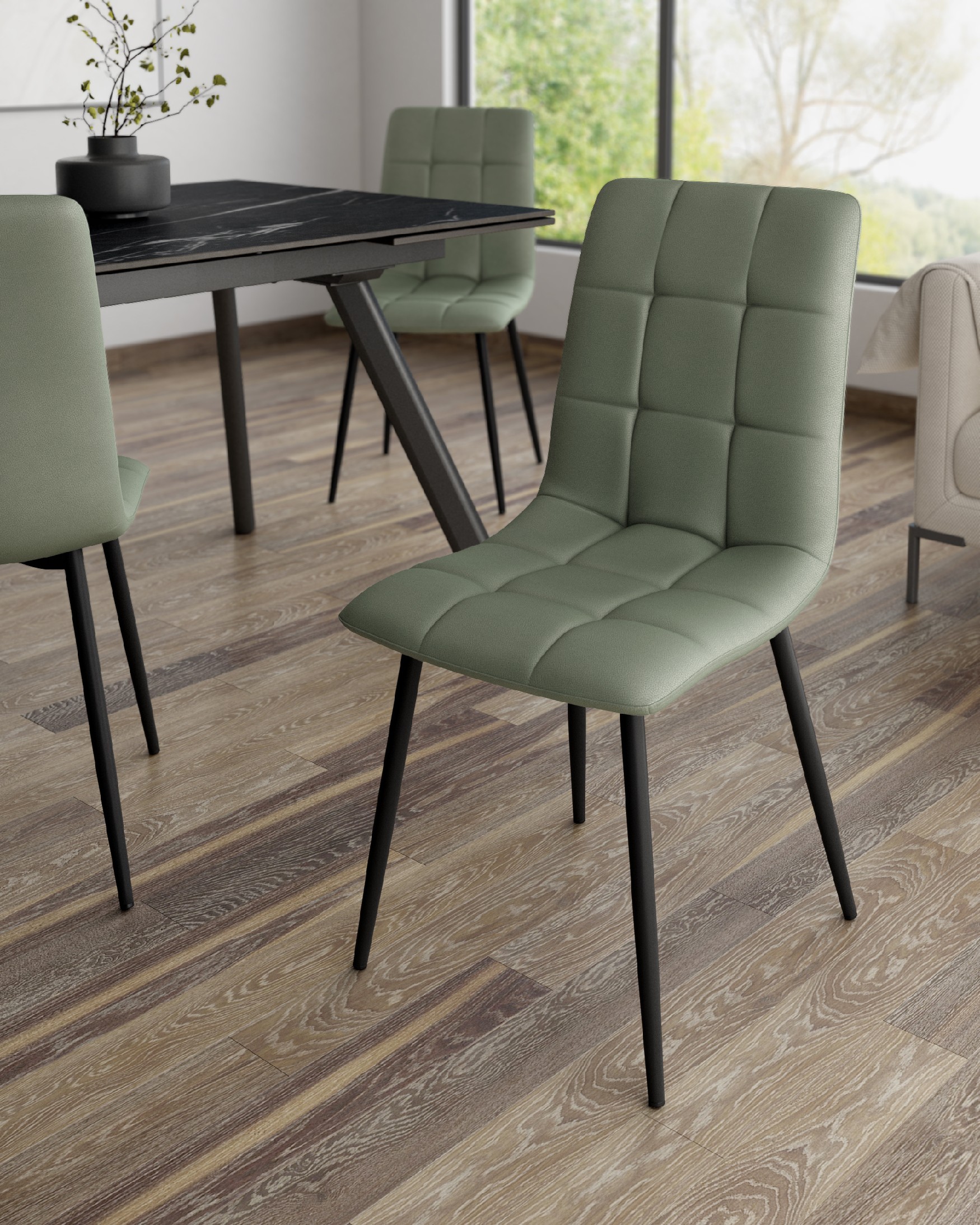 Lisbon chair with moss upholstery and black metal legs
