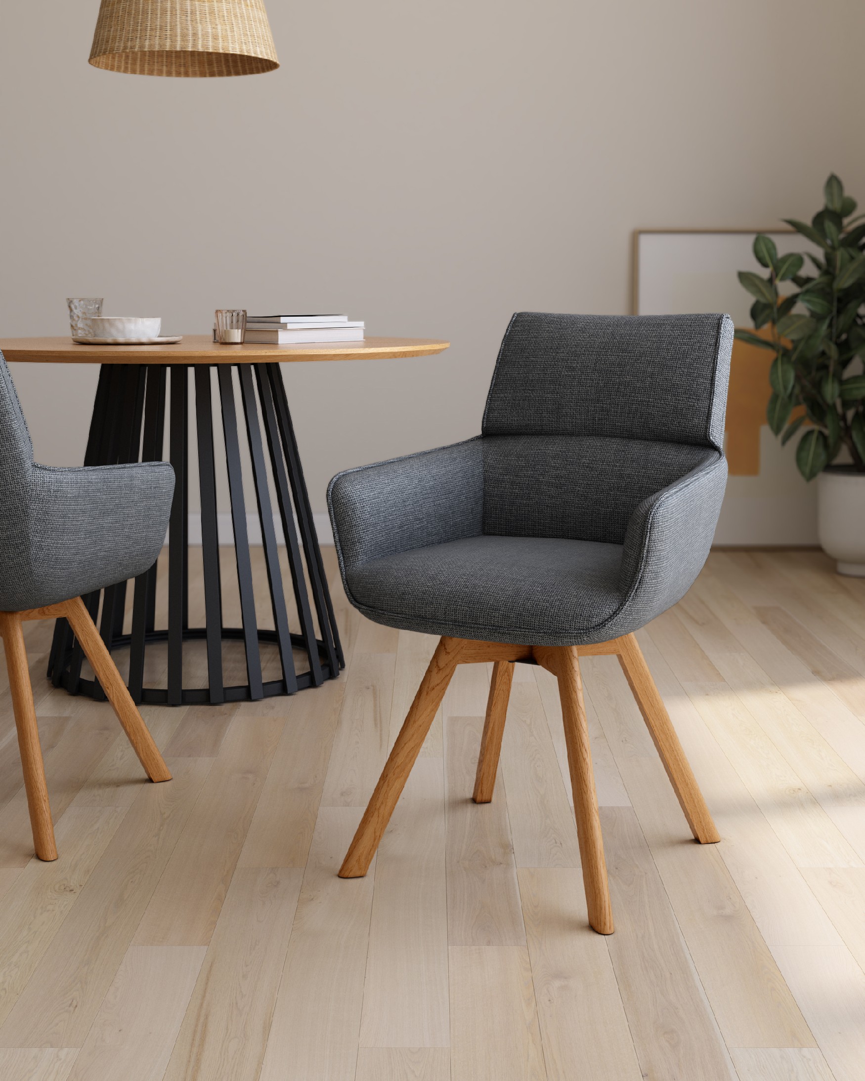Liverpool chair with gray upholstery and wooden legs