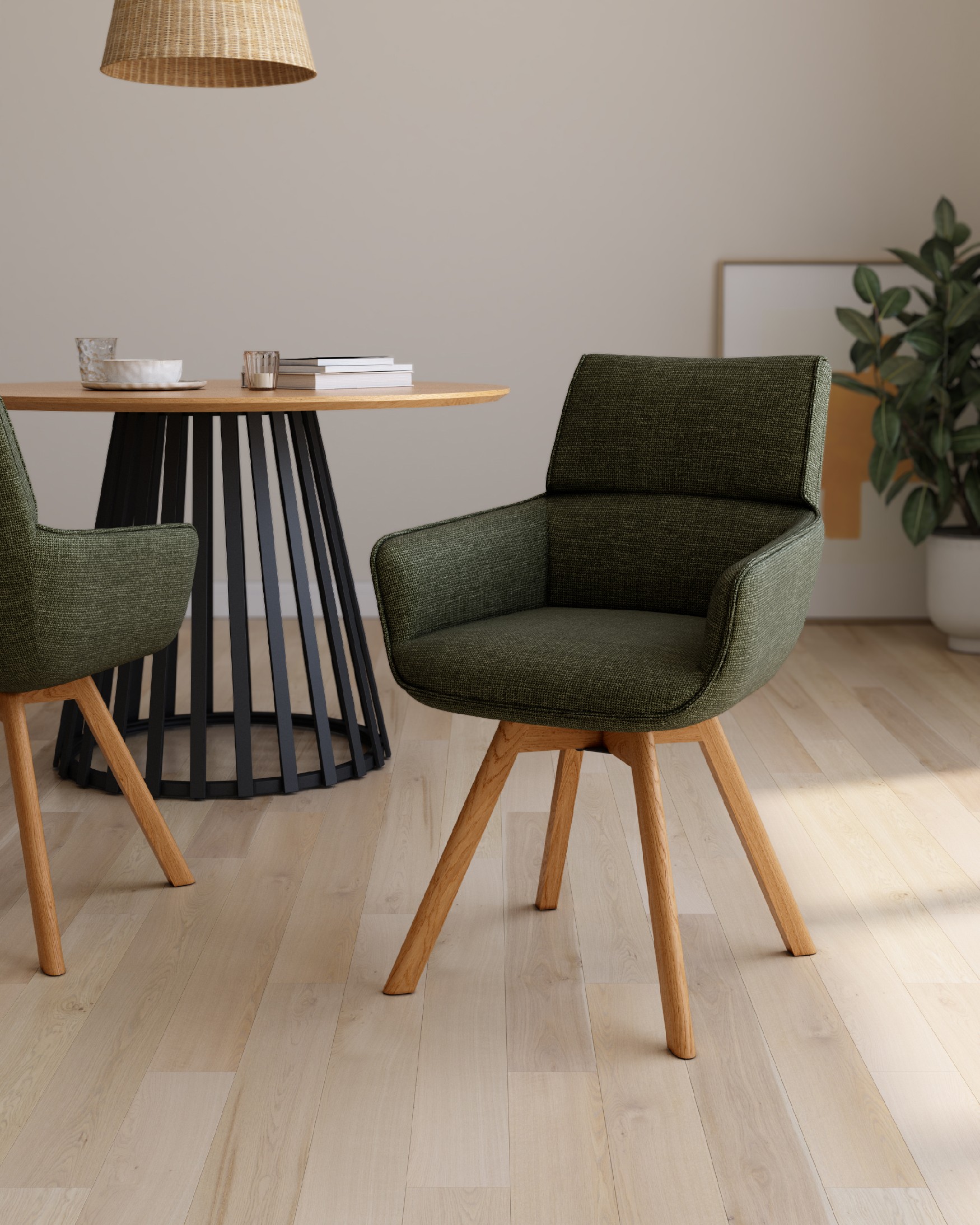 Silla Liverpool con tapizado verde y patas madera