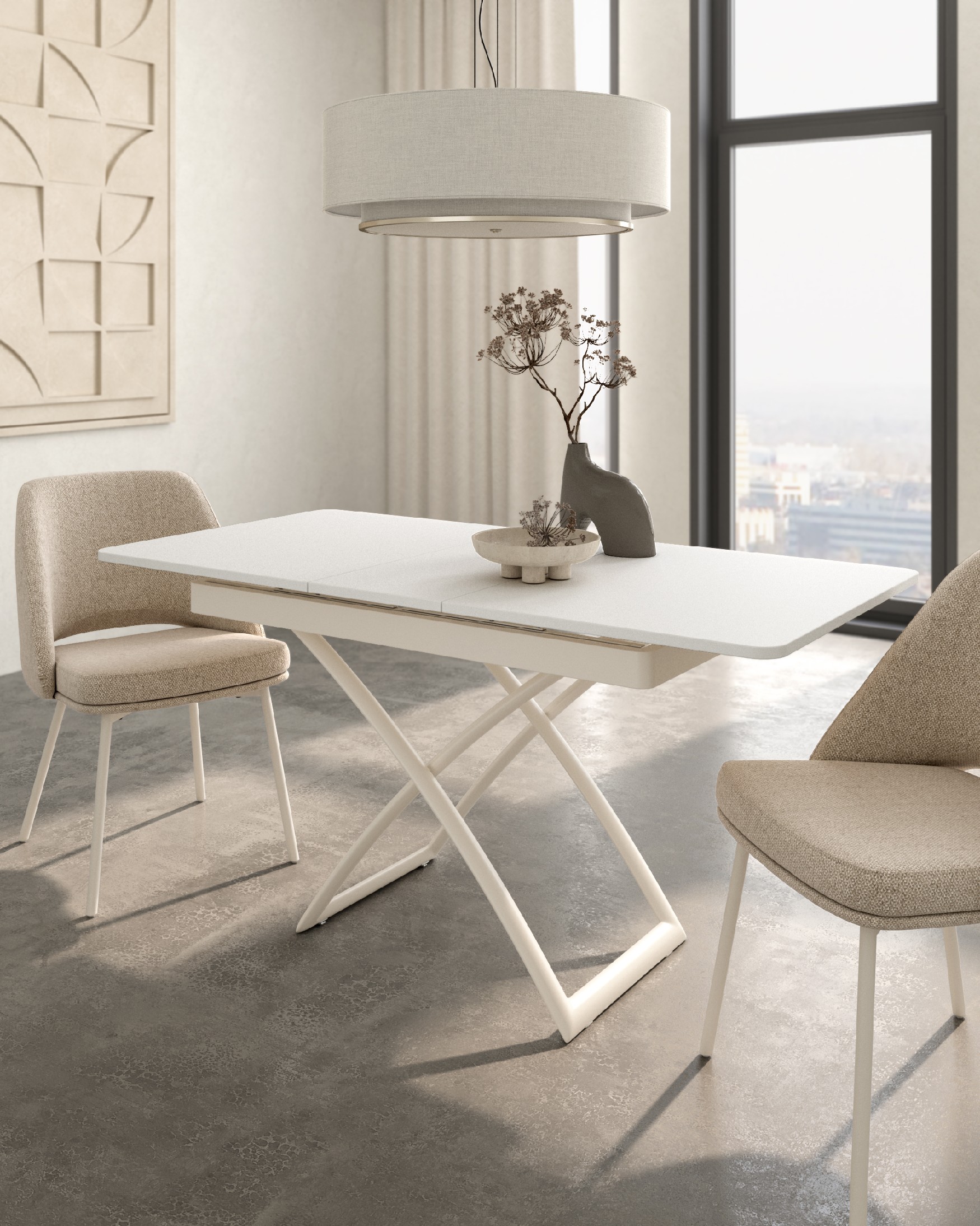 Llanes liftable convertible table with white melamine finish and ivory metal structure 120/150 x 75 cm