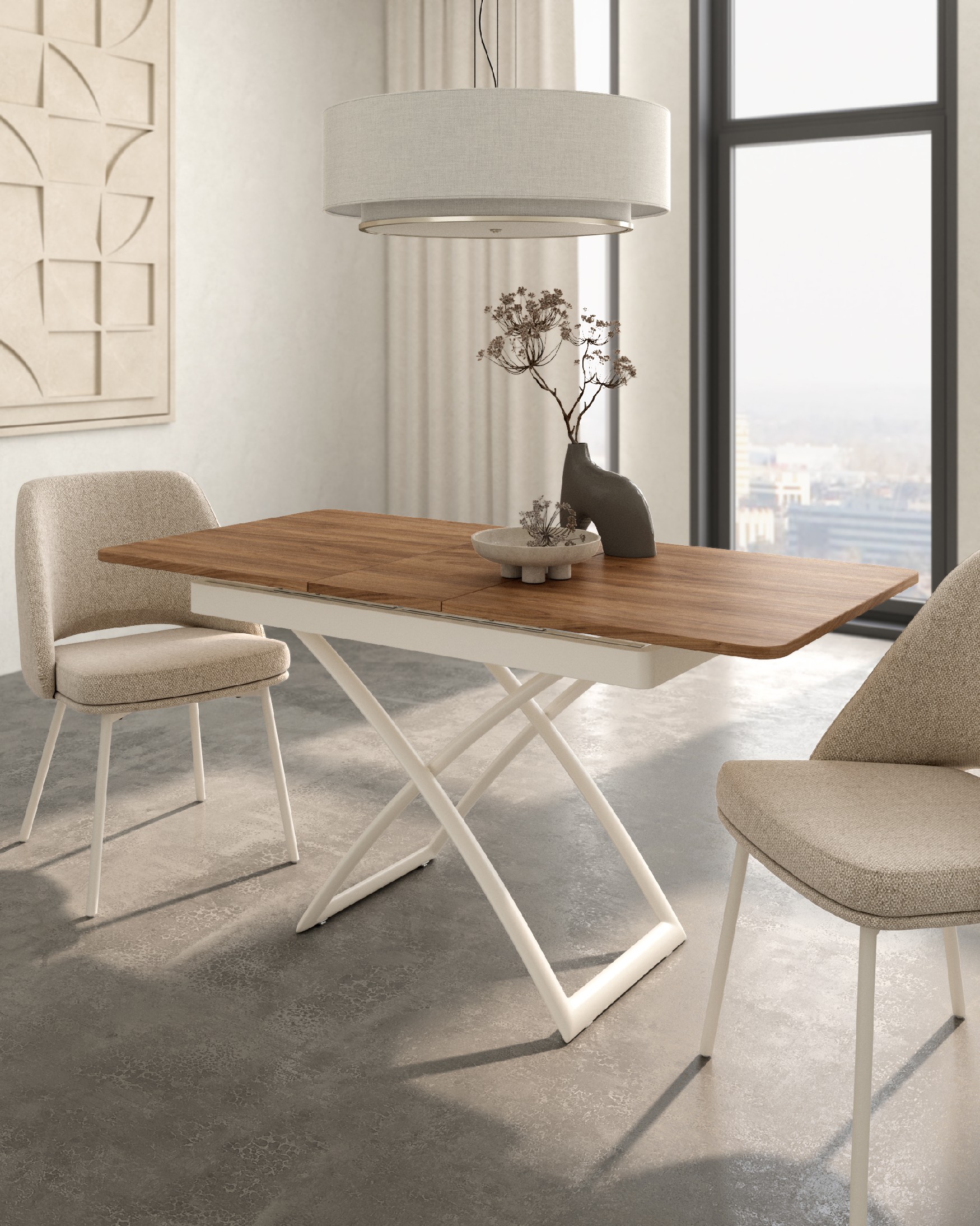 Llanes liftable convertible table with java melamine finish and ivory metal structure 120/150 x 75 cm