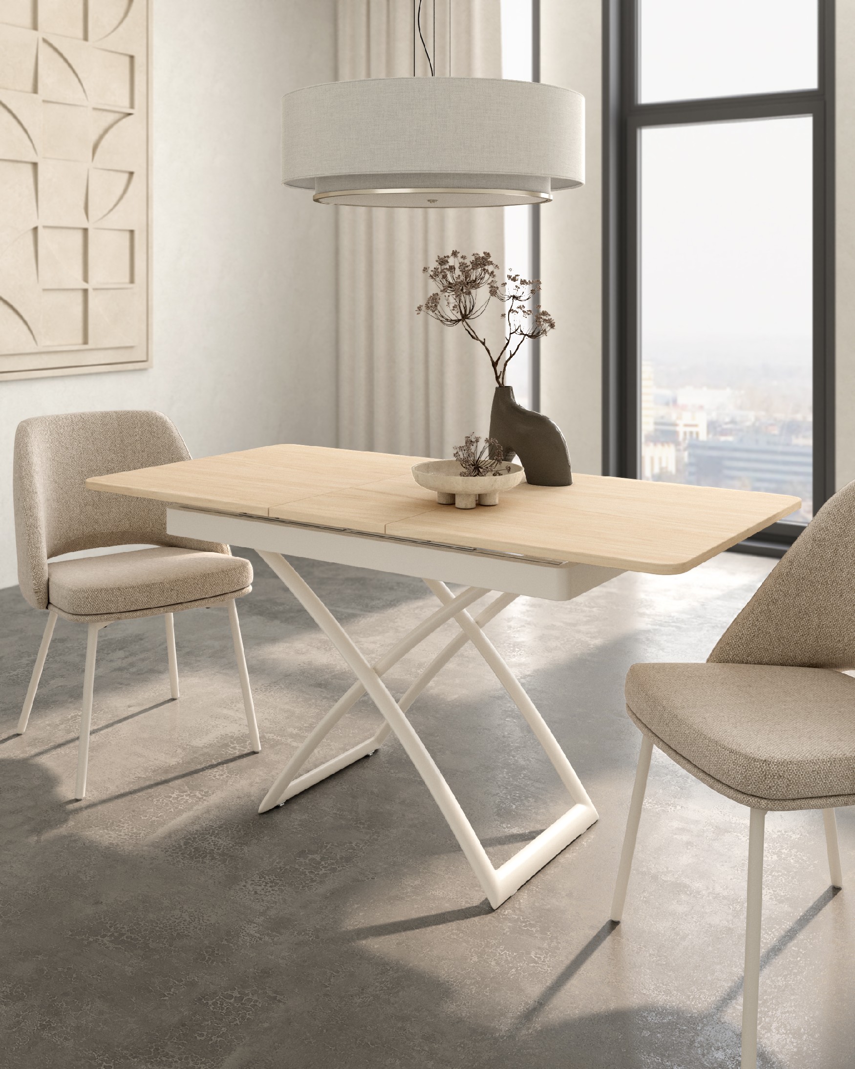 Table Llanes liftable convertible with alpin melamine finish and ivory metal structure 120/150 x 75 cm