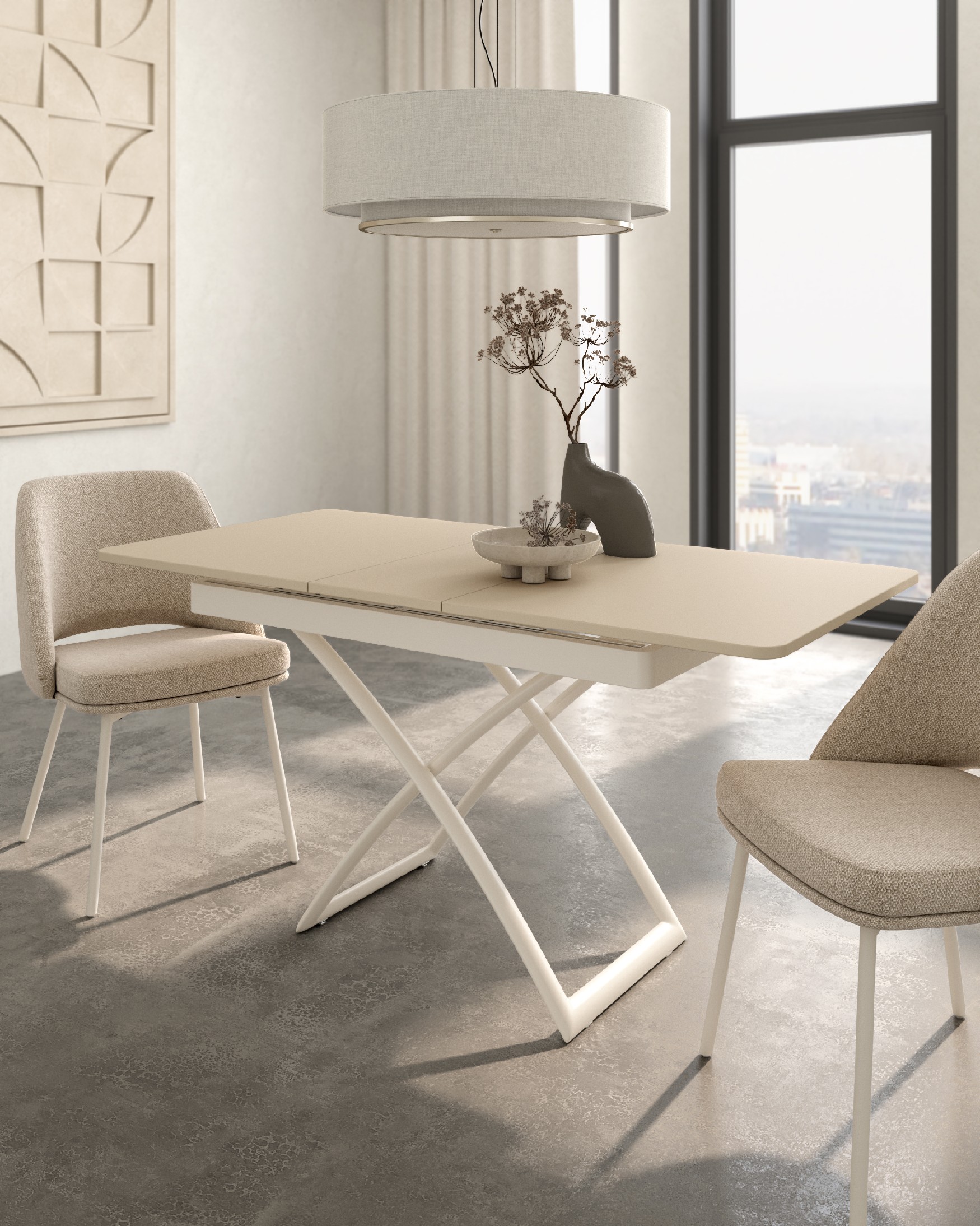 Mesa Llanes elevable convertible con acabado de melamina perla y estructura metálica marfil 120/150 x 75 cm