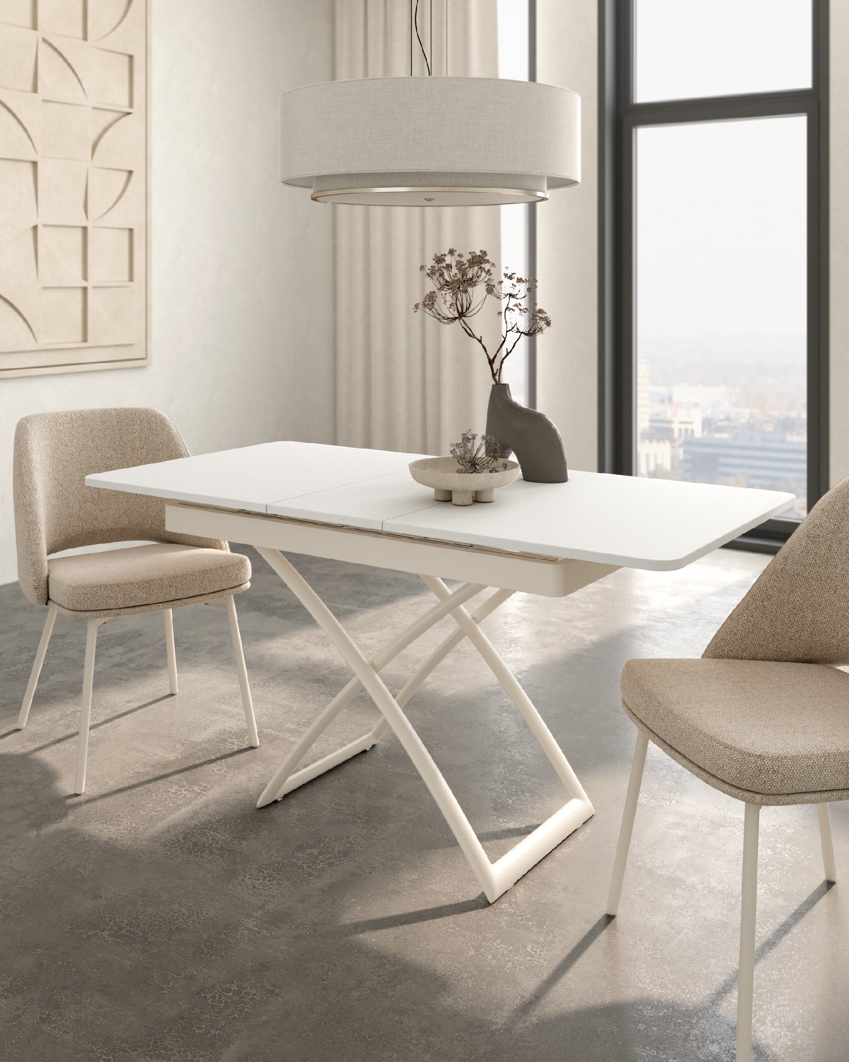 Table Llanes liftable convertible with white soul melamine finish and ivory metal structure 120/150 x 75 cm