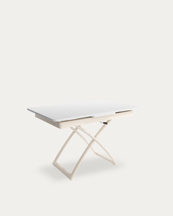 Mesa Llanes elevable convertible con acabado de melamina soul blanco y estructura metálica marfil 120/150 x 75 cm