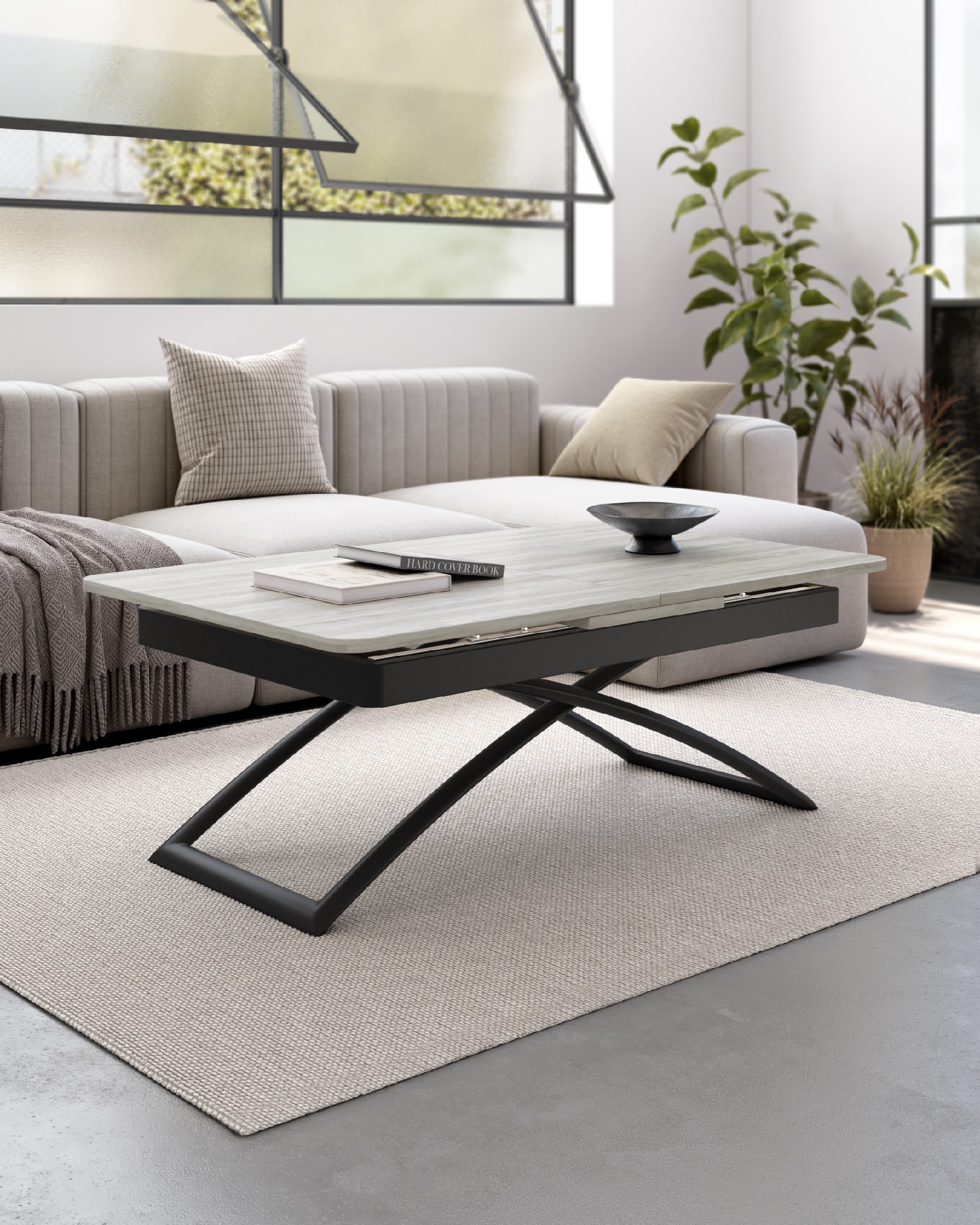 Mesa Llanes elevable convertible con acabado de melamina artic y estructura metálica negra 120/150 x 75 cm