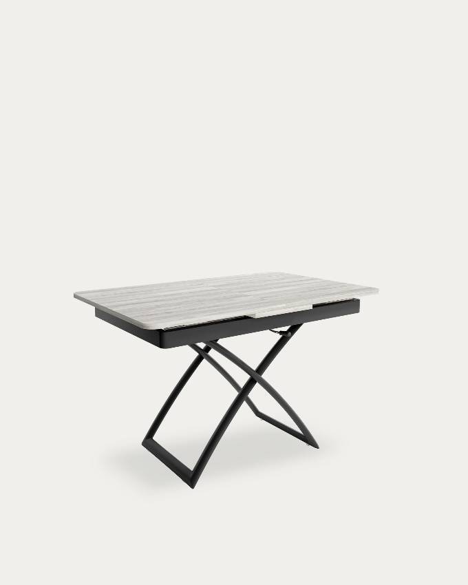 Mesa Llanes elevable convertible con acabado de melamina artic y estructura metálica negra 120/150 x 75 cm