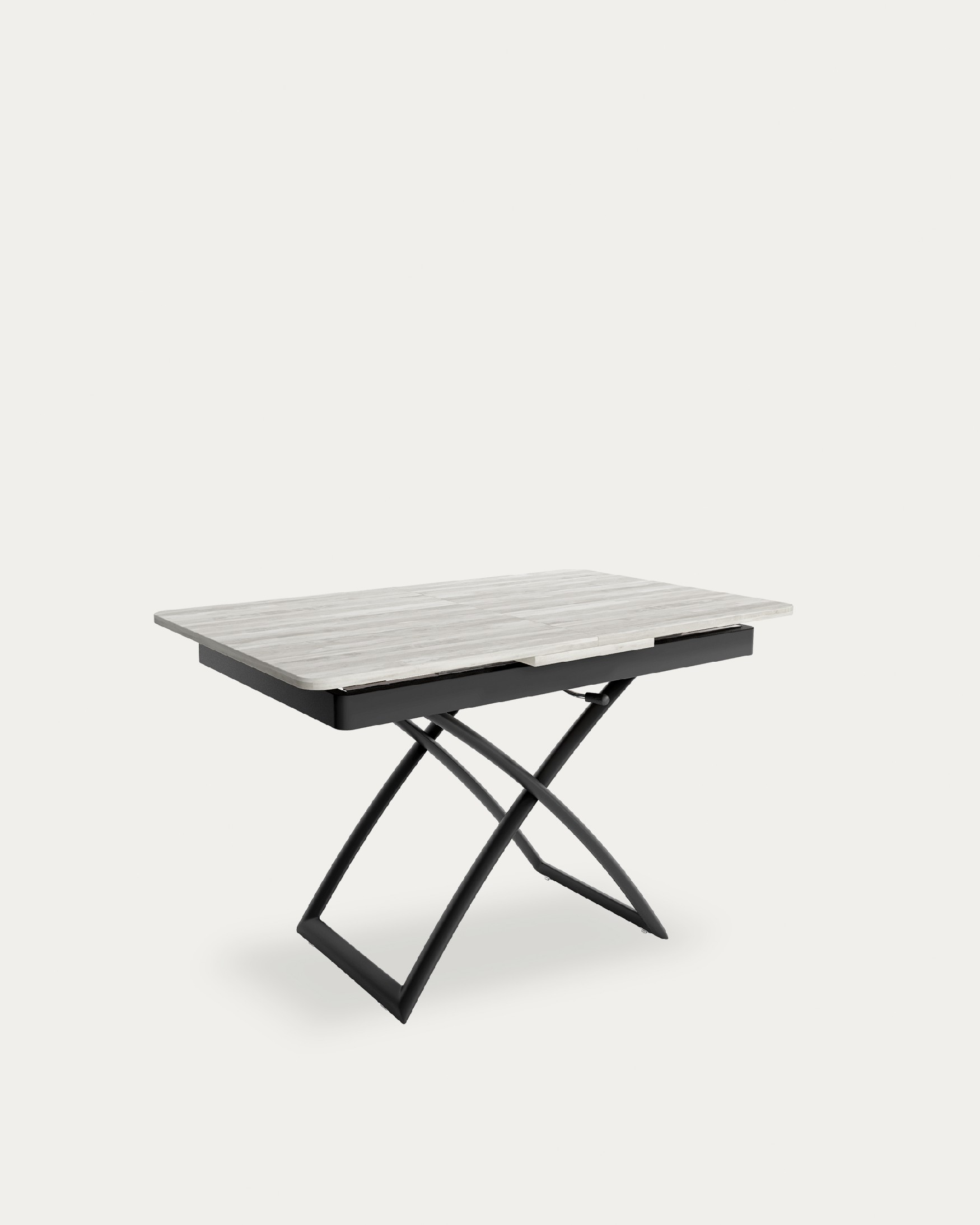 Mesa Llanes elevable convertible con acabado de melamina artic y estructura metálica negra 120/150 x 75 cm
