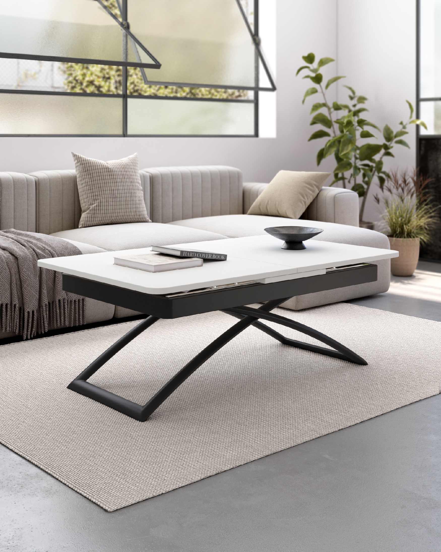 Table Llanes liftable convertible with white melamine finish and black metal structure 120/150 x 75 cm