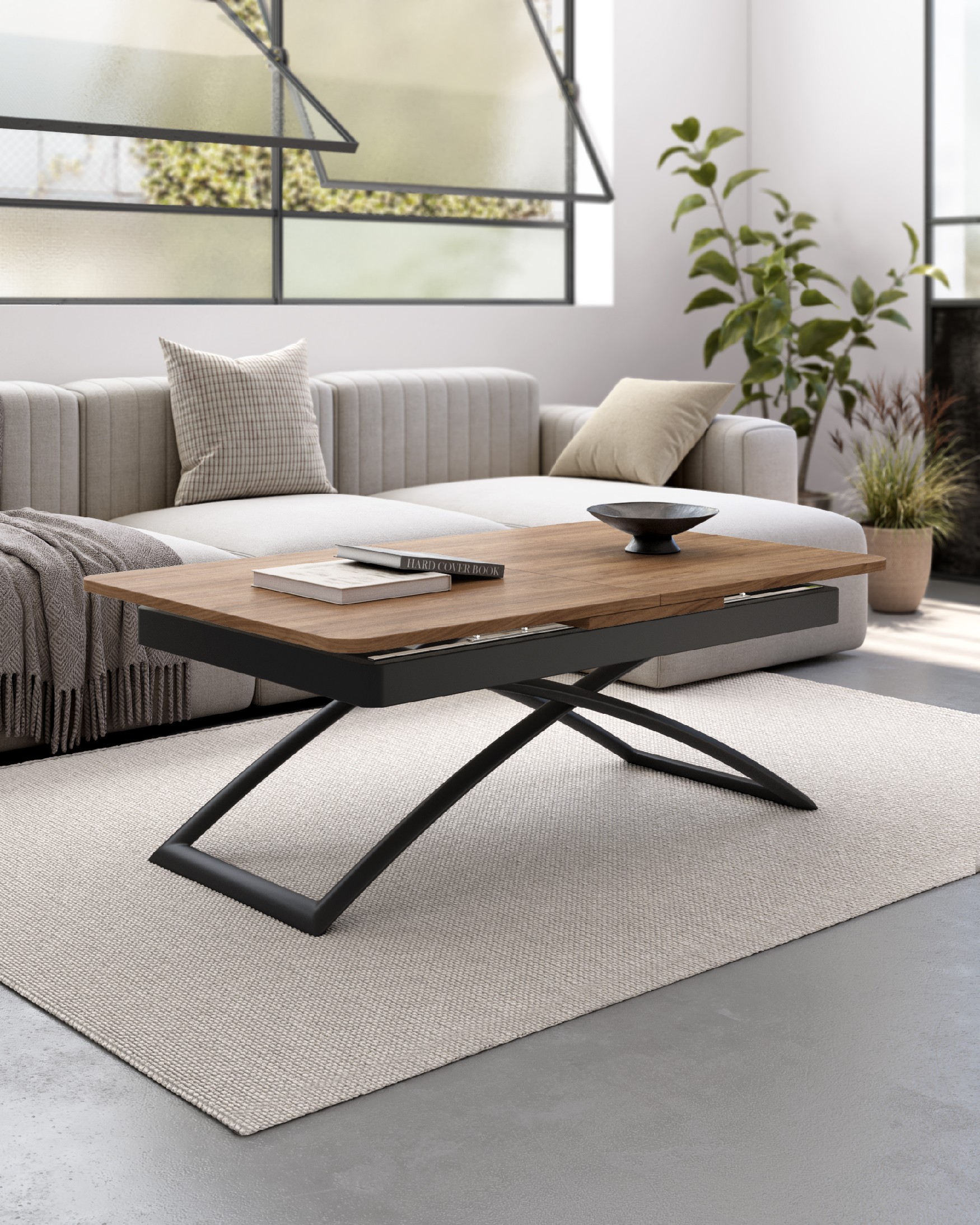 Table Llanes liftable convertible with java melamine finish and black metal structure 120/150 x 75 cm