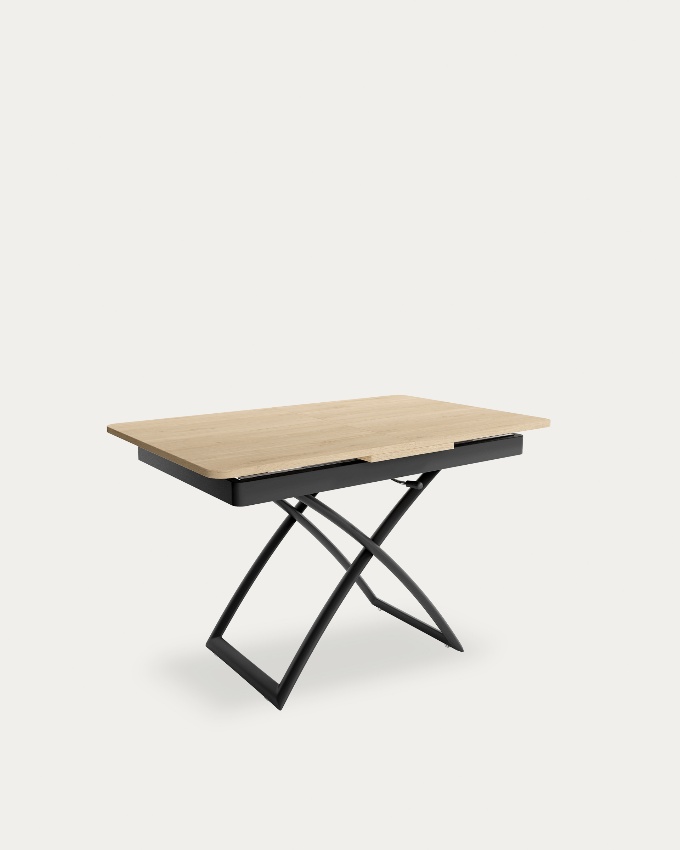 Table Llanes relevable convertible avec finition en mélamine chêne naturel et structure métallique noire 120/150 x 75 cm