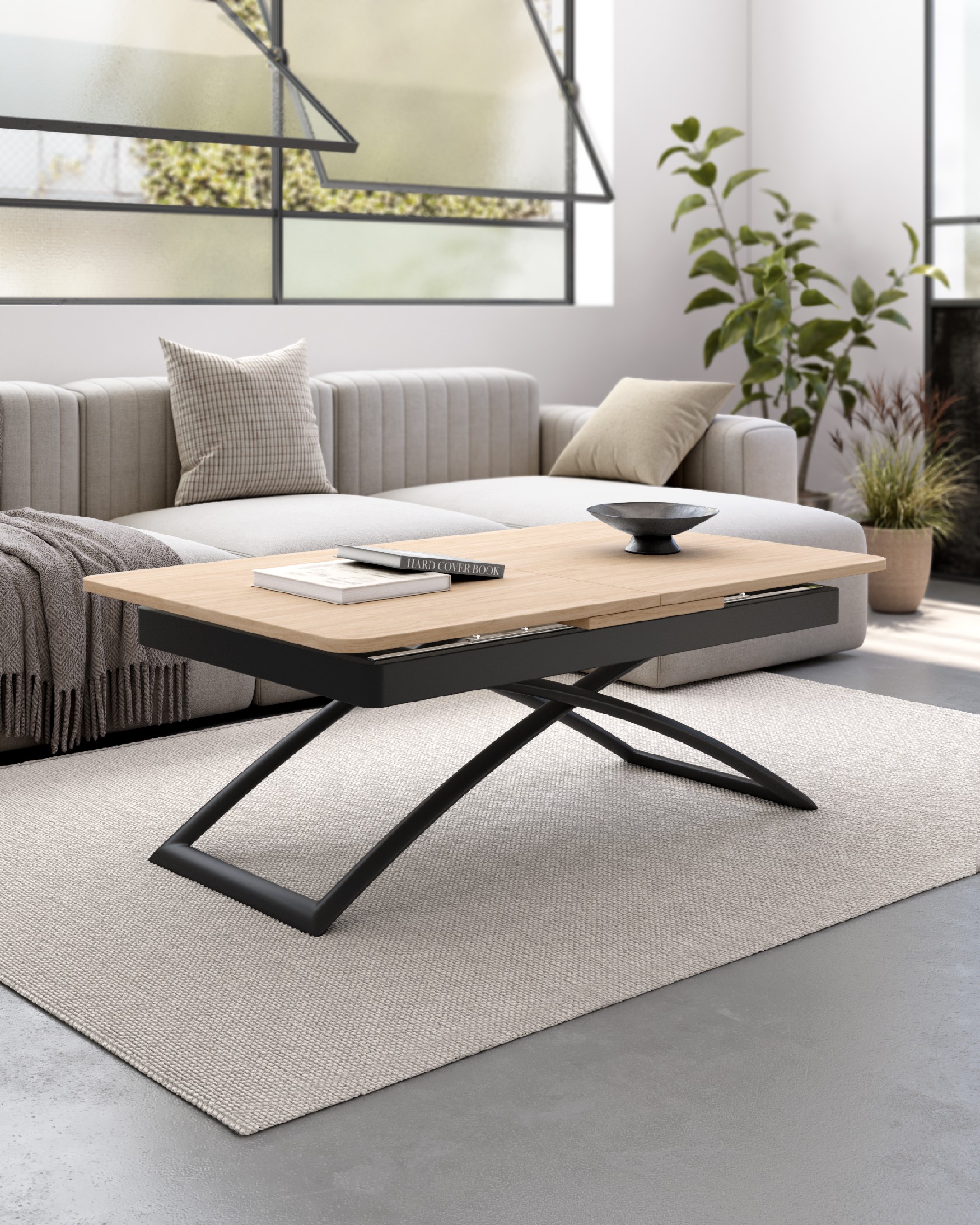 Mesa Llanes elevable convertible con acabado de melamina alpin y estructura metálica negra 120/150 x 75 cm